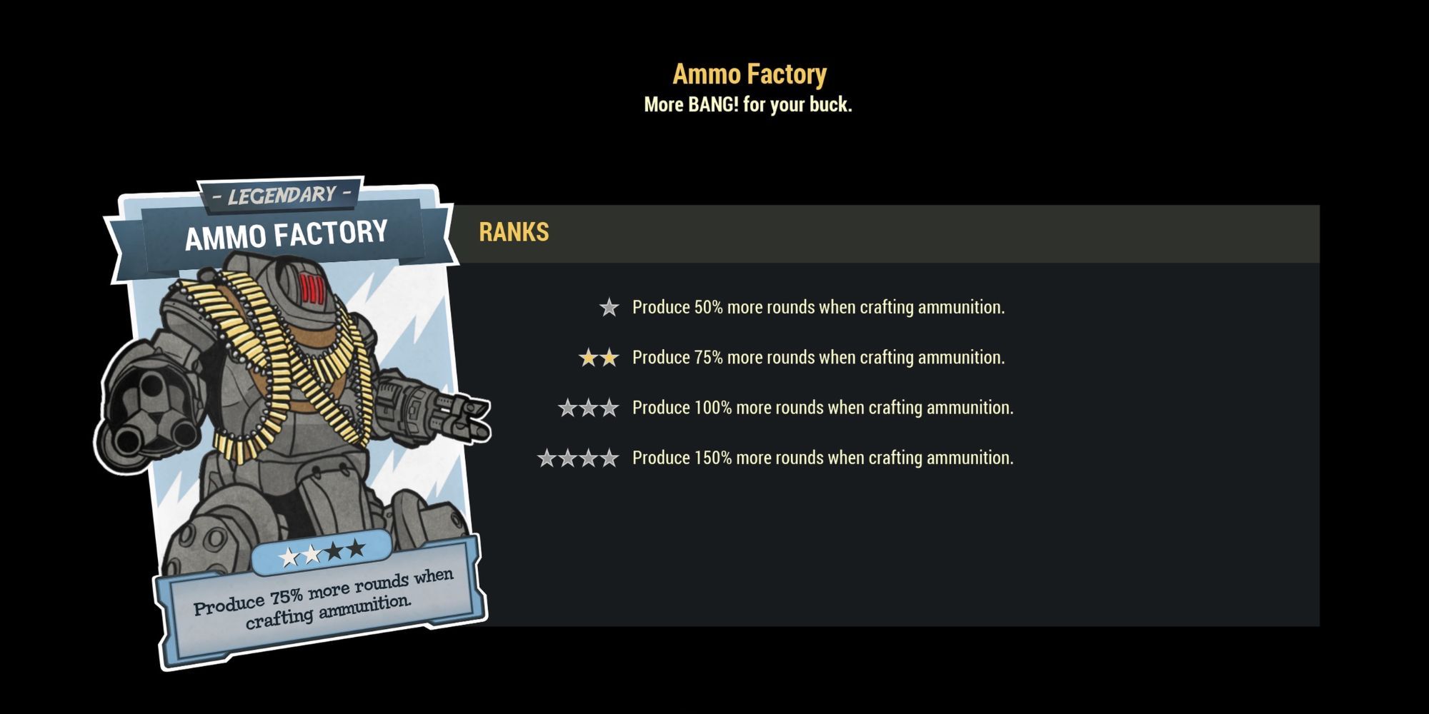 Legendary Ammo Factory Perk Fallout 76 Big robot with ammo bandolier atop of it 