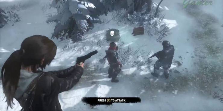 Lora Craft in Shadow Of The Tomb Raider about to shoot someone in the head