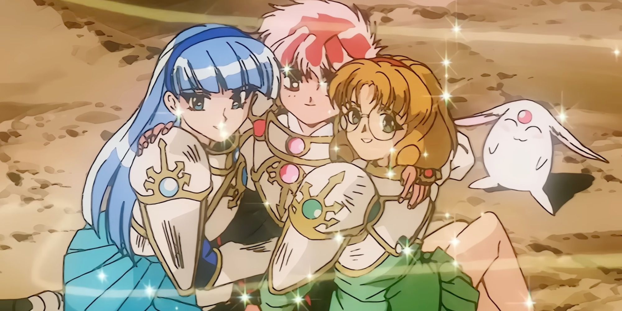 Magic Knight Rayearth: three girls wearing armors embracing each other