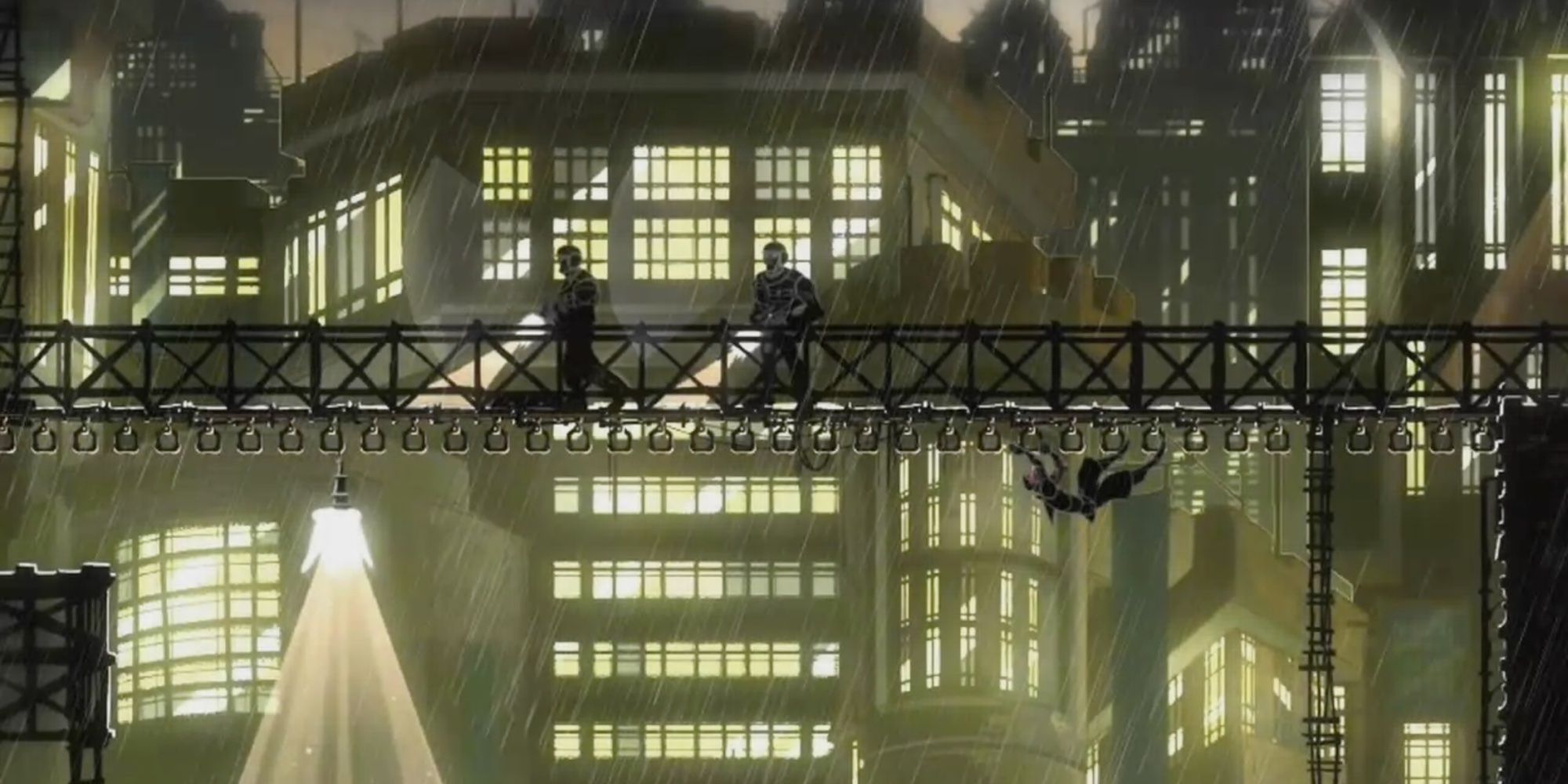 Mark Of The Ninja: gameplay screenshot with ninja hiding under a bridge