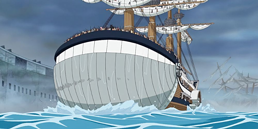 Moby Dick from One Piece sails past obstacles