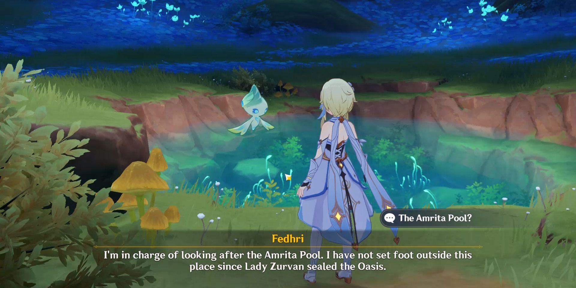 Portrait of Fedry in front of Amrita's pond in Genshin Impact.