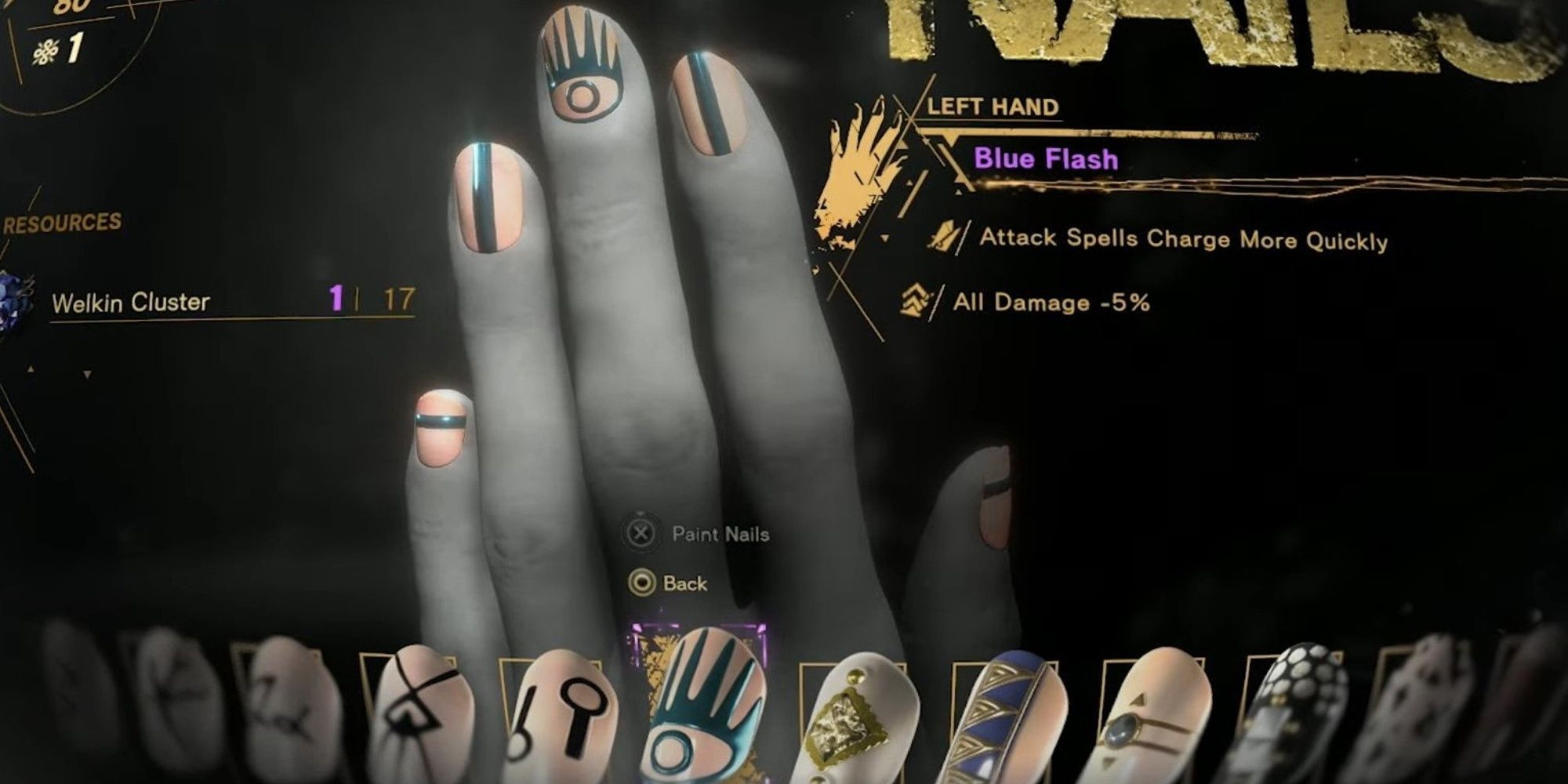 The Forspoken character is looking at the nail design menu and showcasing the Blue Flash Nail Design that increases damage and allows attack spells to charge more quickly.