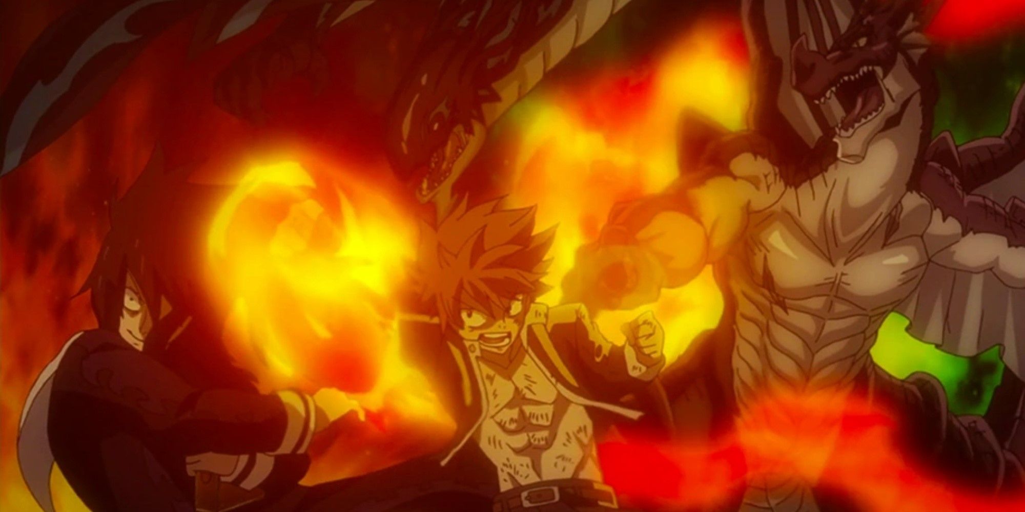 Natsu punching someone with a dragon behind him in Fairy Tail