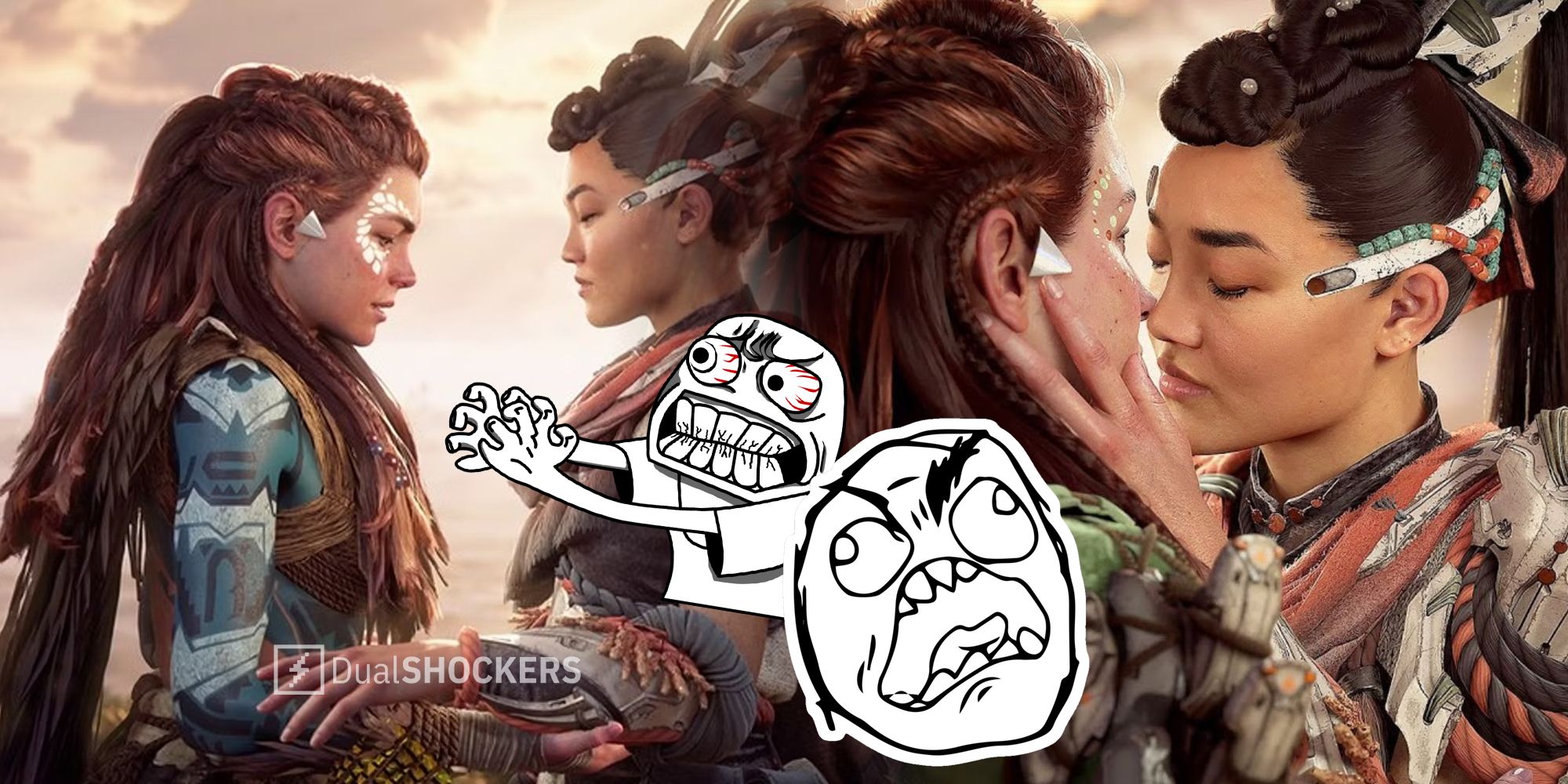 Horizon: Forbidden West Burning Shores DLC Aloy and Seyka kiss and troll angry faces