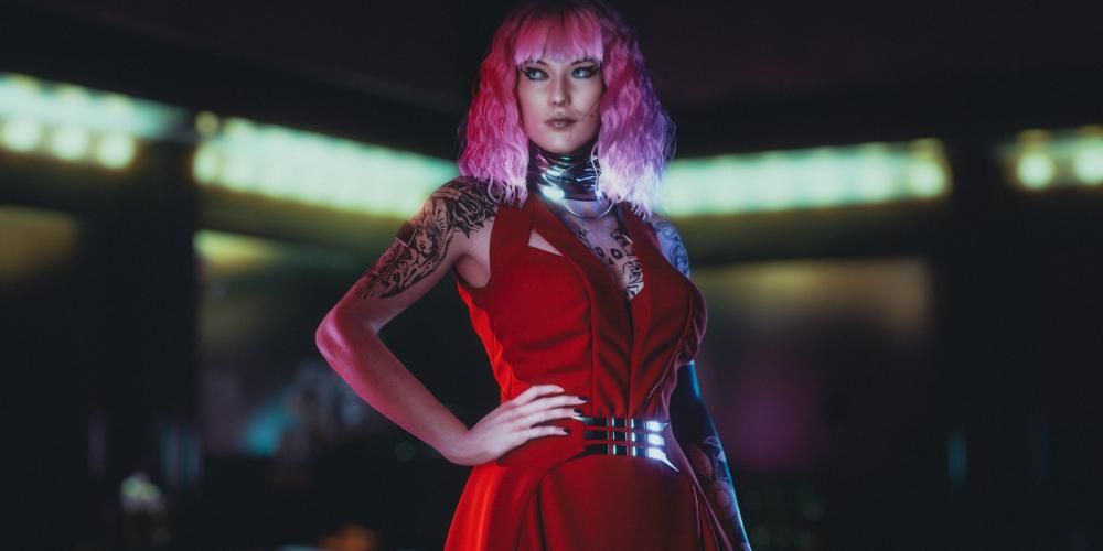 Female V in a red dress and pink wavy hair standing in a nightclub