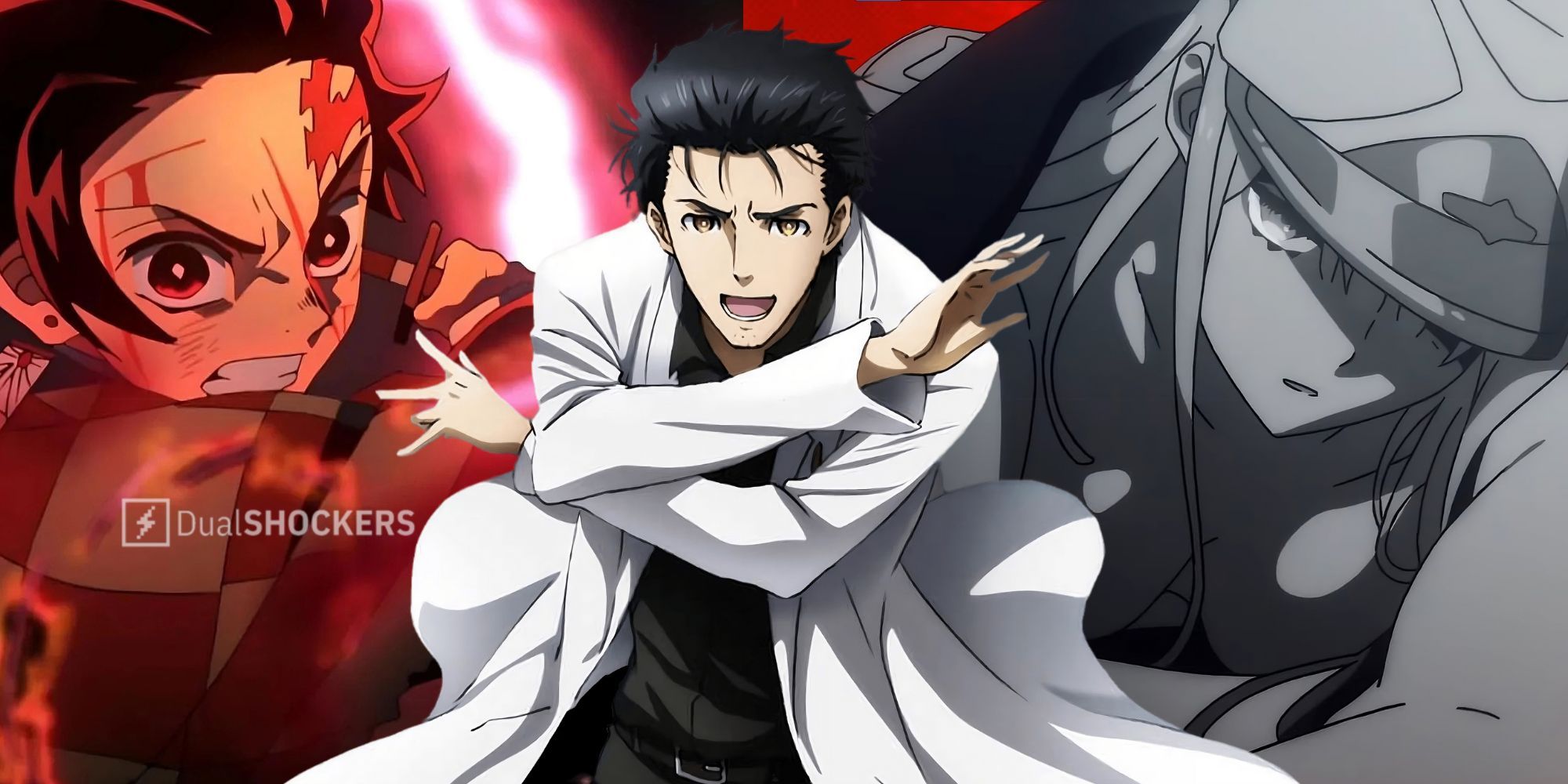 Okabe Rintaro posing, Tajiro in red flames, and Zero Two in Best Anime For Beginners 