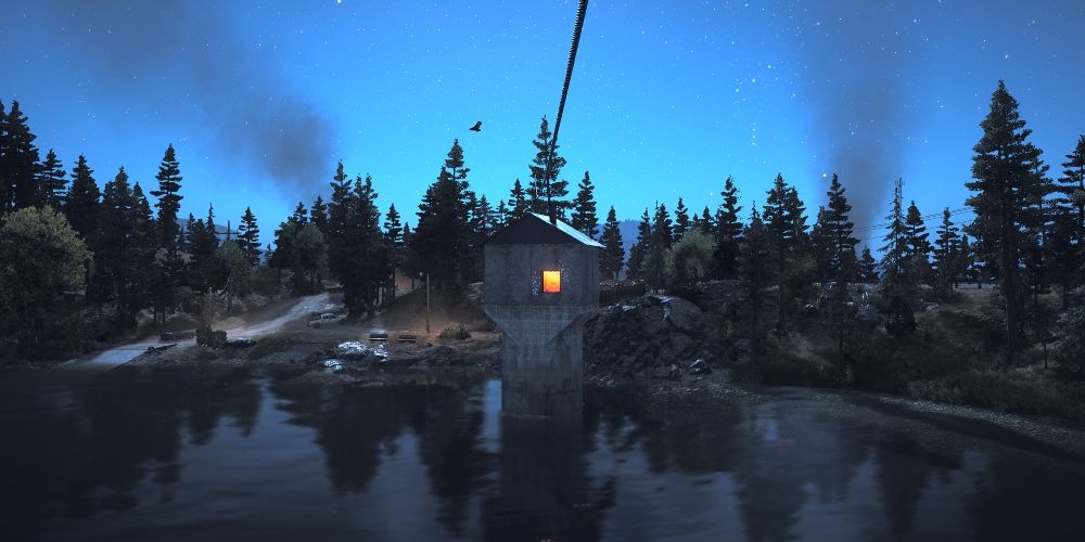 Far Cry 5 view of small building over body of water