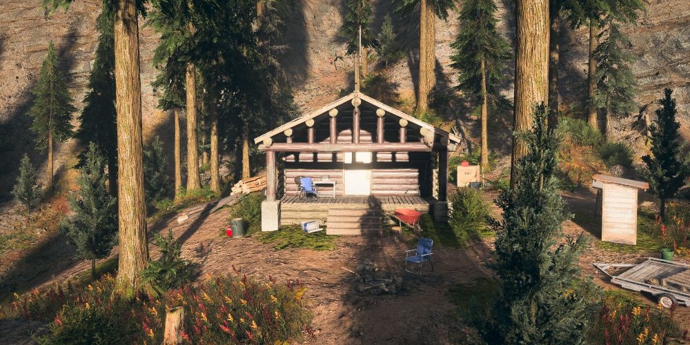 Far Cry 5 wooden building in forest clearing