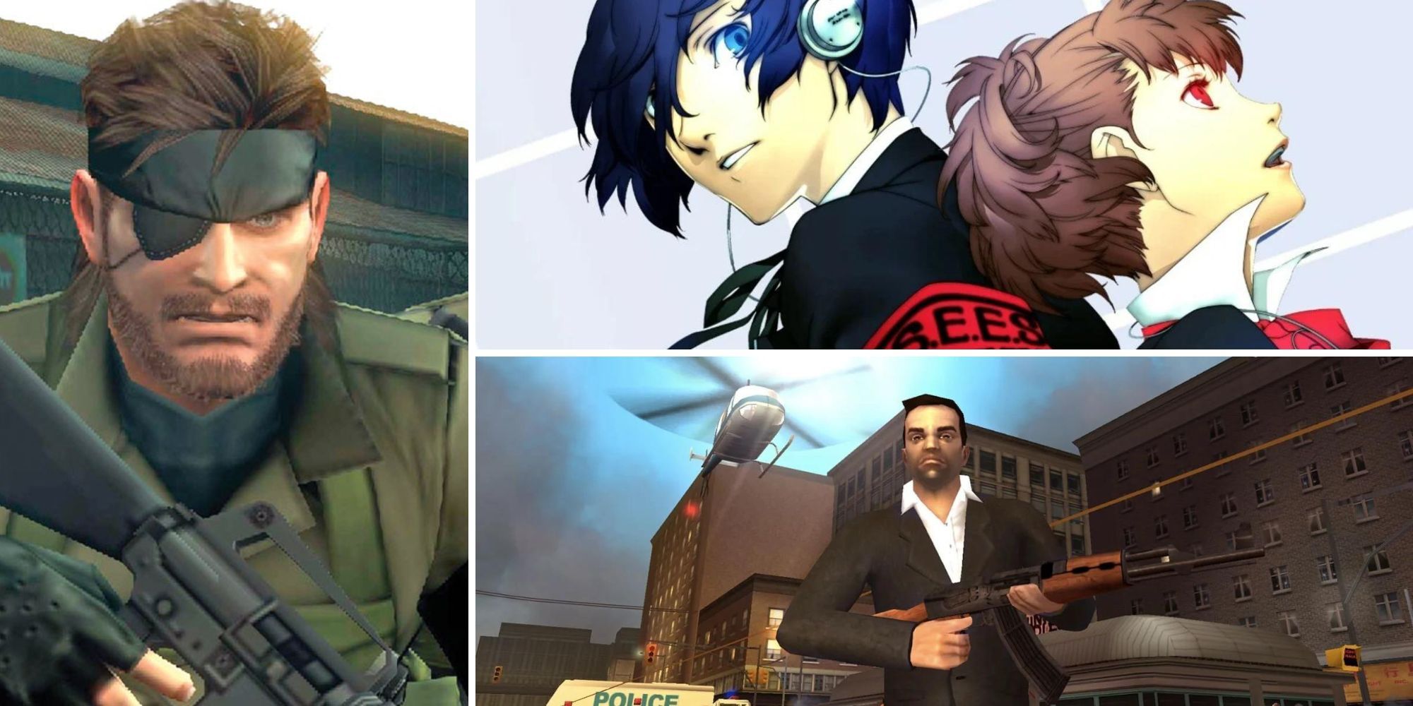 Collage of the best PSP games (Metal Gear Solid: Peace Walker, Persona 3 Portable, Grand Theft Auto: Liberty Stories)