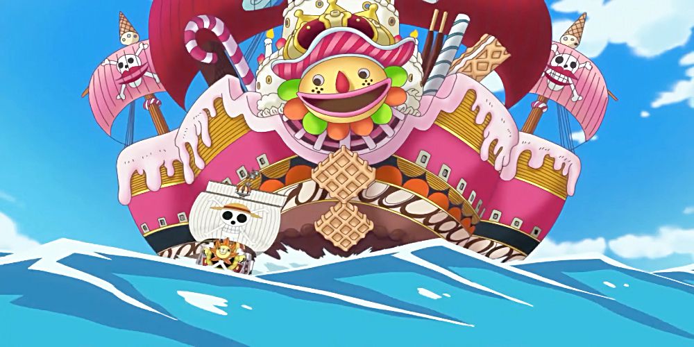 Queen Mama Chanter from One Piece sailing just behind Luffy's ship