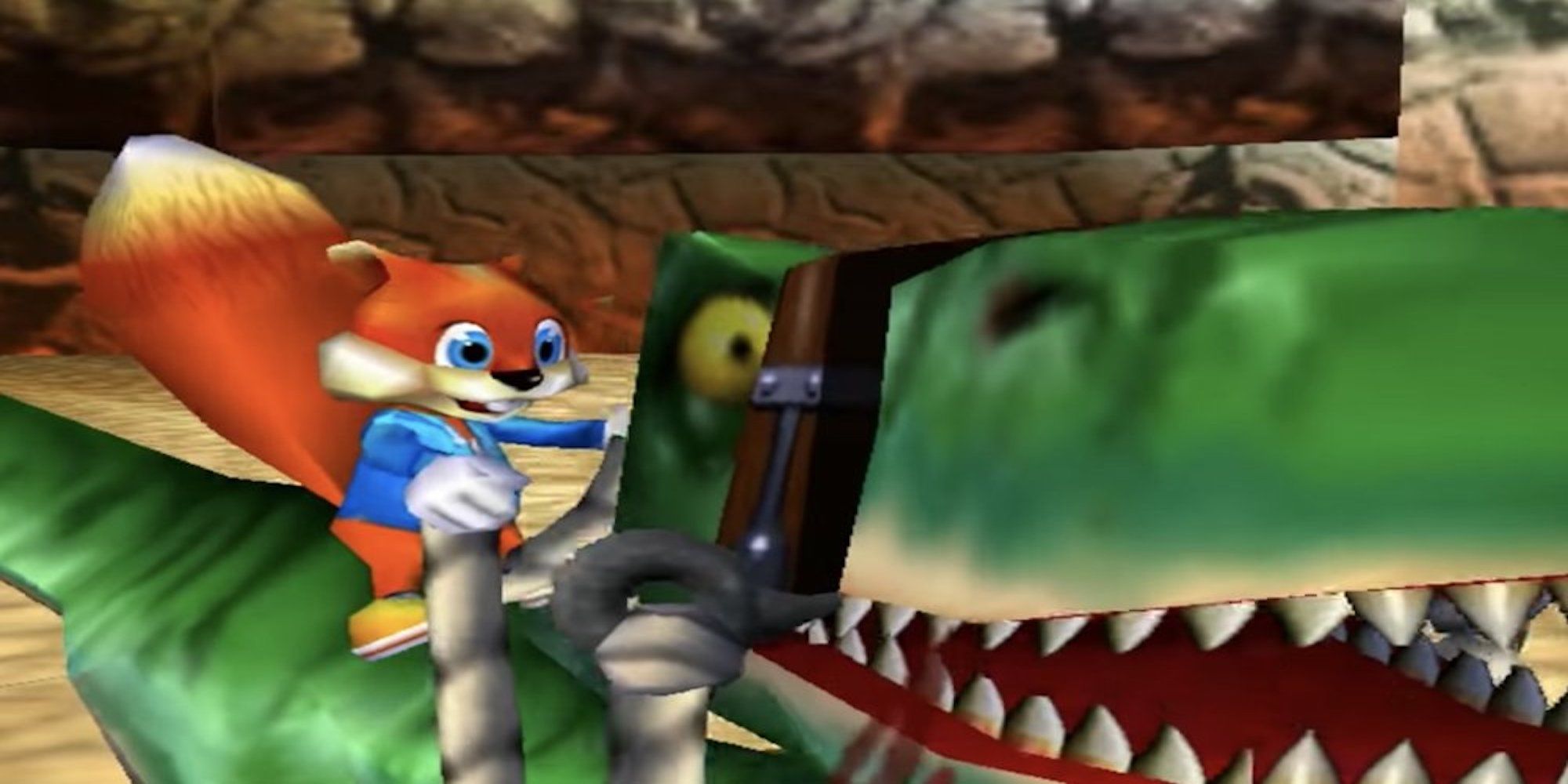 Conker riding a dinosaur (Conker's Bad Fur Day)