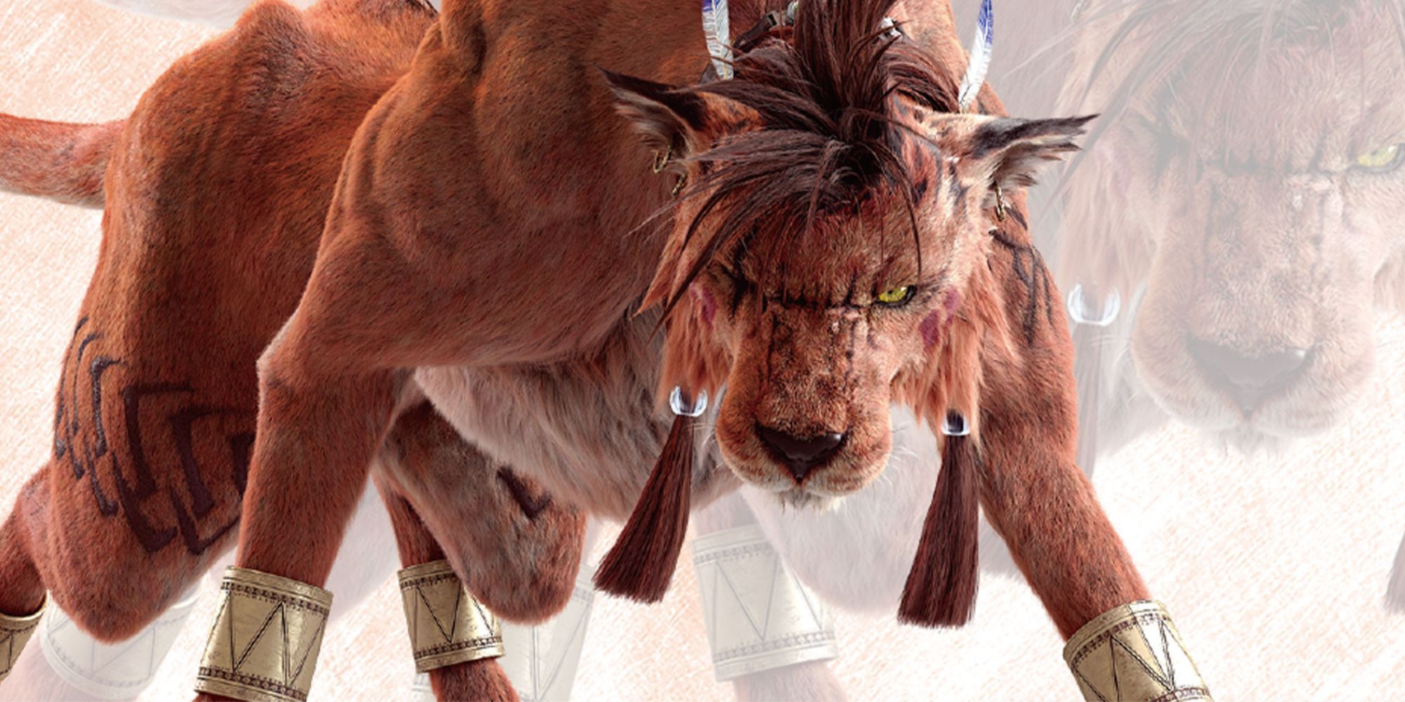Red XIII Glaring at the camera wearing gold bracelets and feather headdress on head.