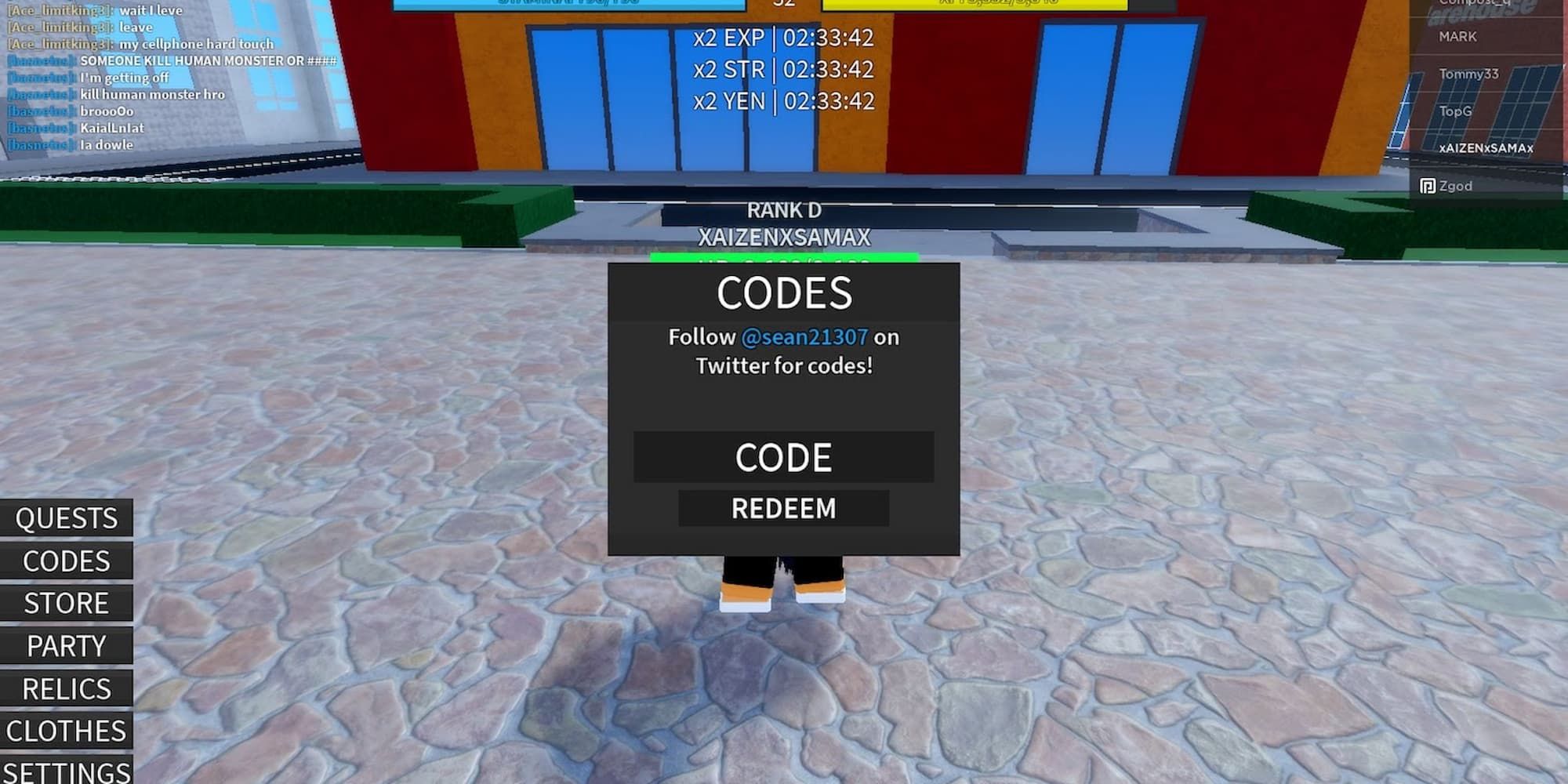 A place to redeem codes in Roblox A Hero Destiny