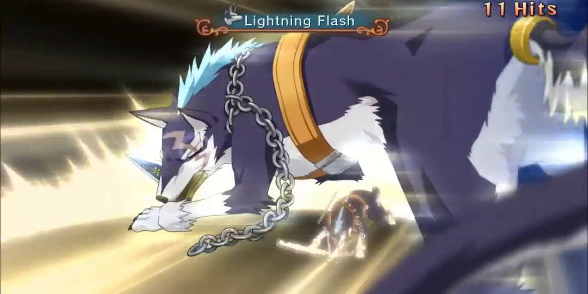 Repede using their dagger in combat sliding on the ground with chain dragging and getting 11 hits while Lightning Flash appears in text
