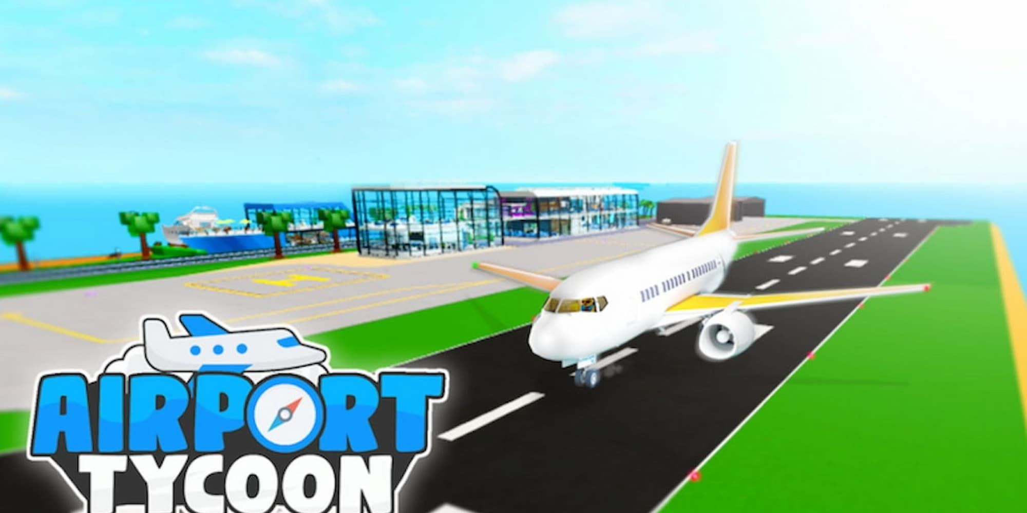 Roblox: Airport Tycoon logo and plane on the runway