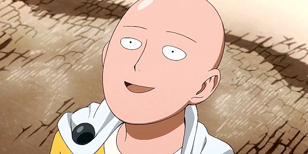 Saitama from One-Punch Man looking up and smiling