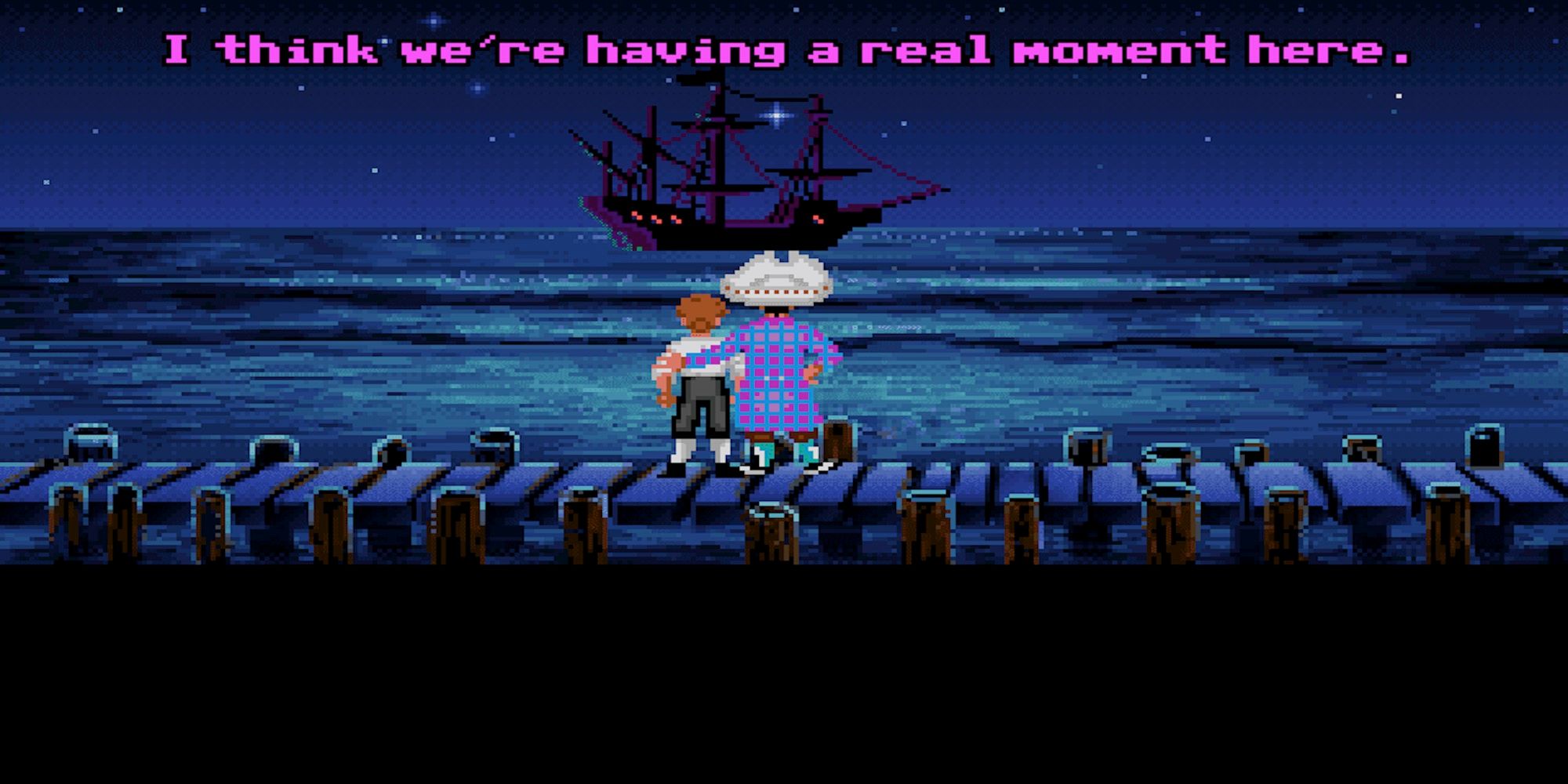 Pirate hugging the protagonist (The Secret Of Monkey Island)