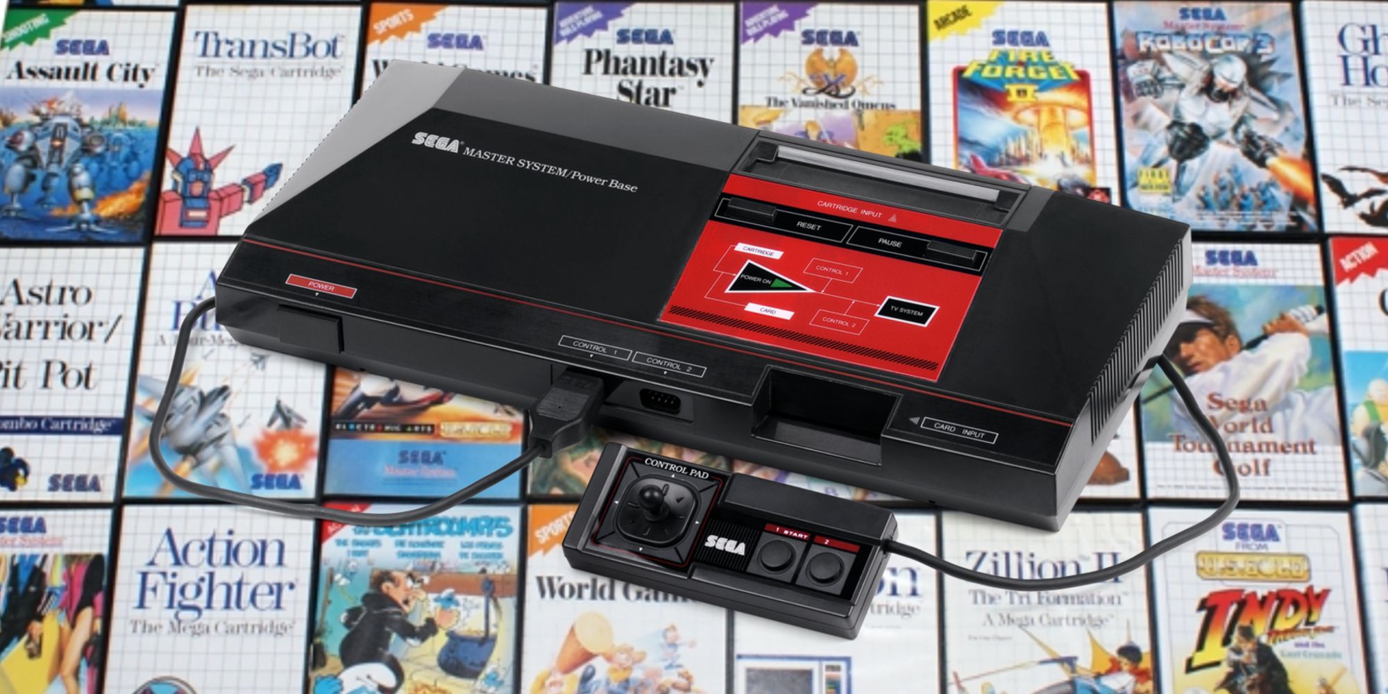 A background of Sega Master system game boxes and the console with controller