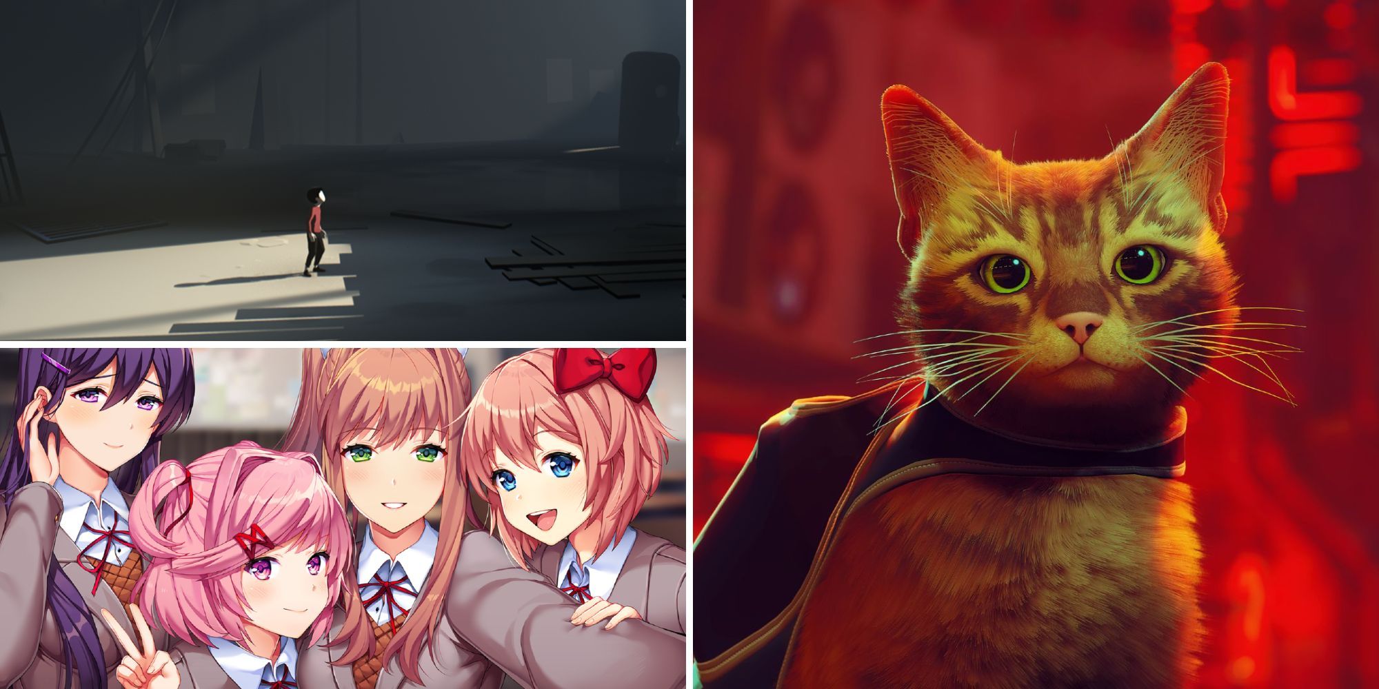 Collage of the best short video games (Inside, Stray, Doki Doki Literature Club)