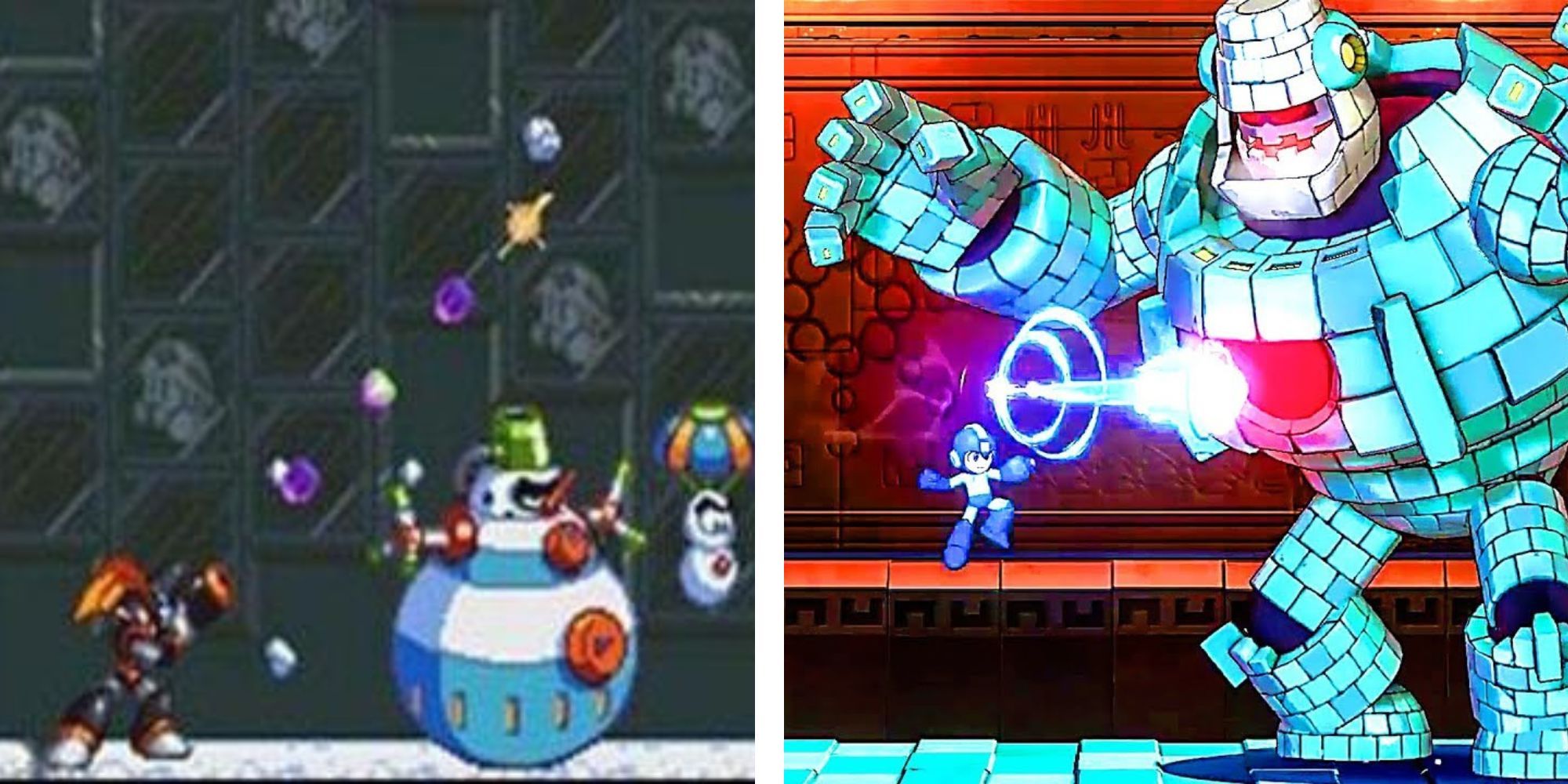 Split image of Mega Mana and Bass and Mega Man 11 Boss Fights