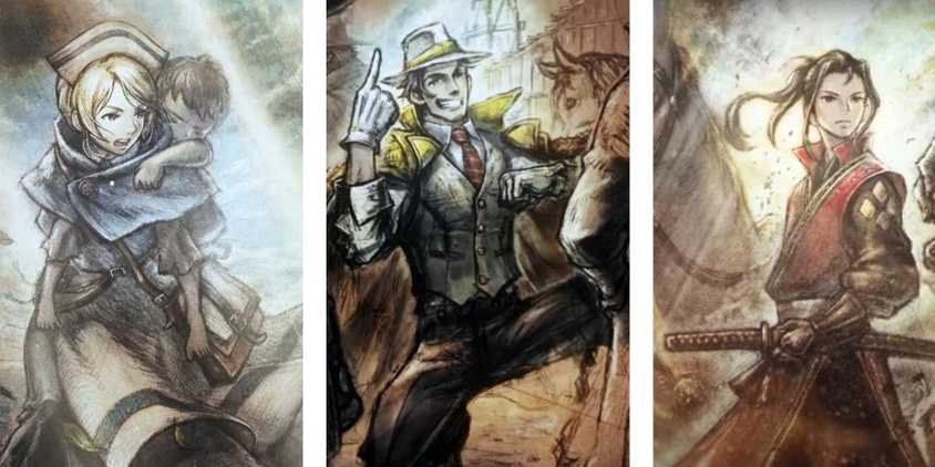 Split image of Partitio in a crowd, Hikari with a sword by his side and Castti carrying an injured boy