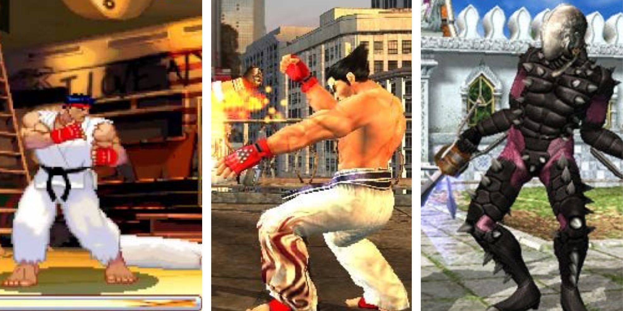 Split Image of Ryu from Street Fighter, Jin from Tekken and Voldo from Soulcalibur-1