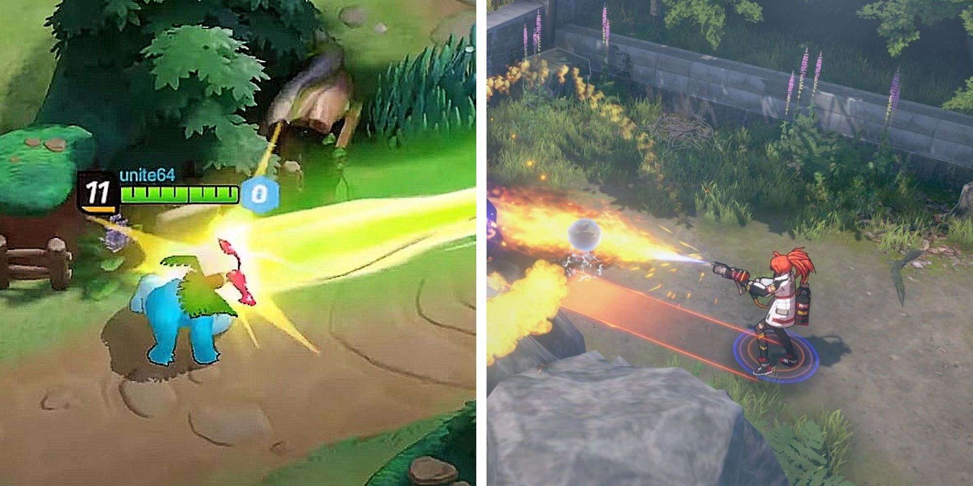 Split Image of Venasaur from Pokemon Unite and hero using flamethrower from Eternal Return