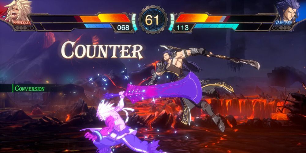 Berserker using the conversion mechanic against Vanguard after landing a counter hit in DNF Duel.