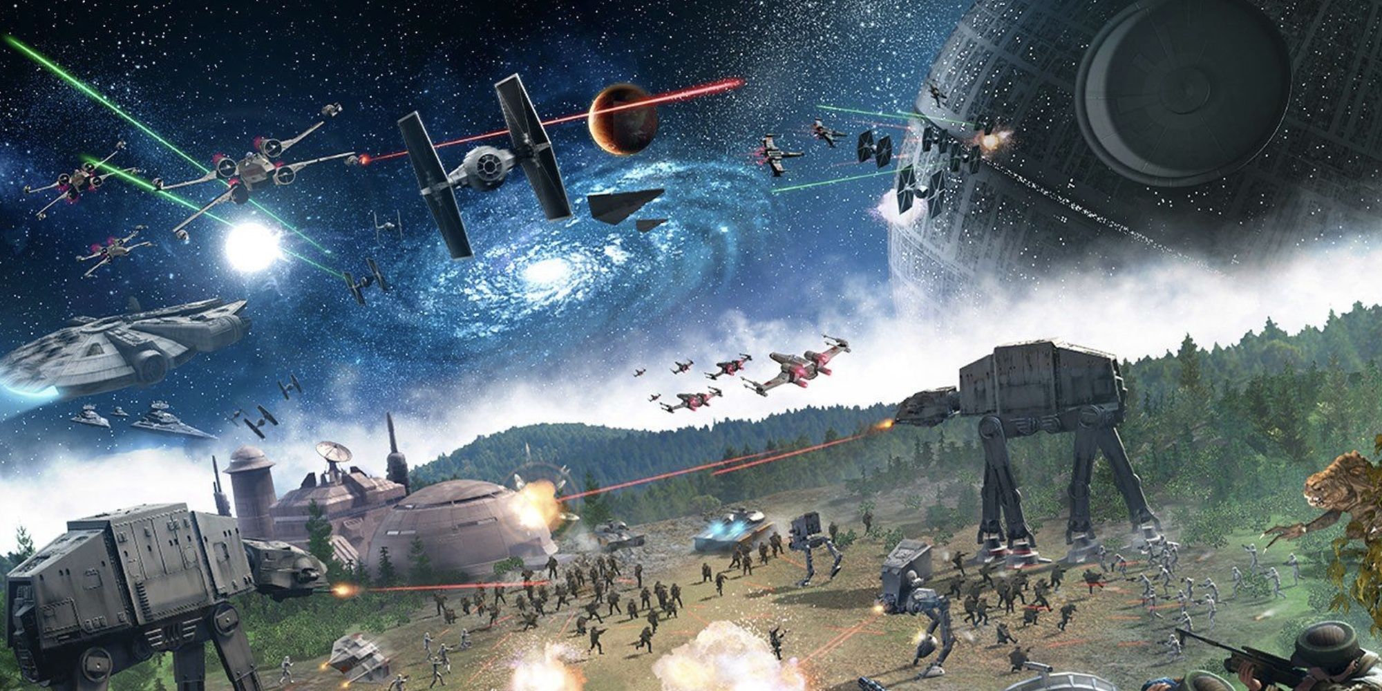 A battle rages over an unknown planet, between the Empire and the Rebel forces