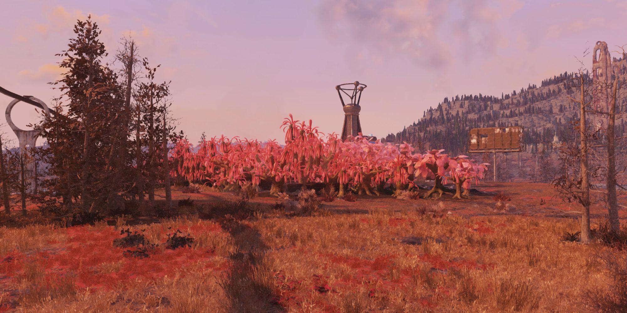 Sundew Grove, Massive Red Plants with Strange Building in the Background Fallout 76