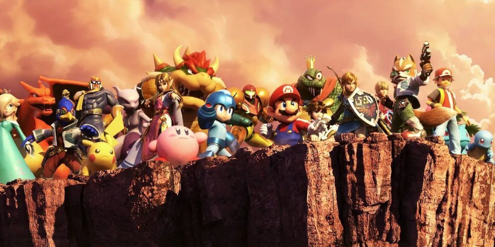 All of the characters in the Smash roster standing on a cliff at sunset