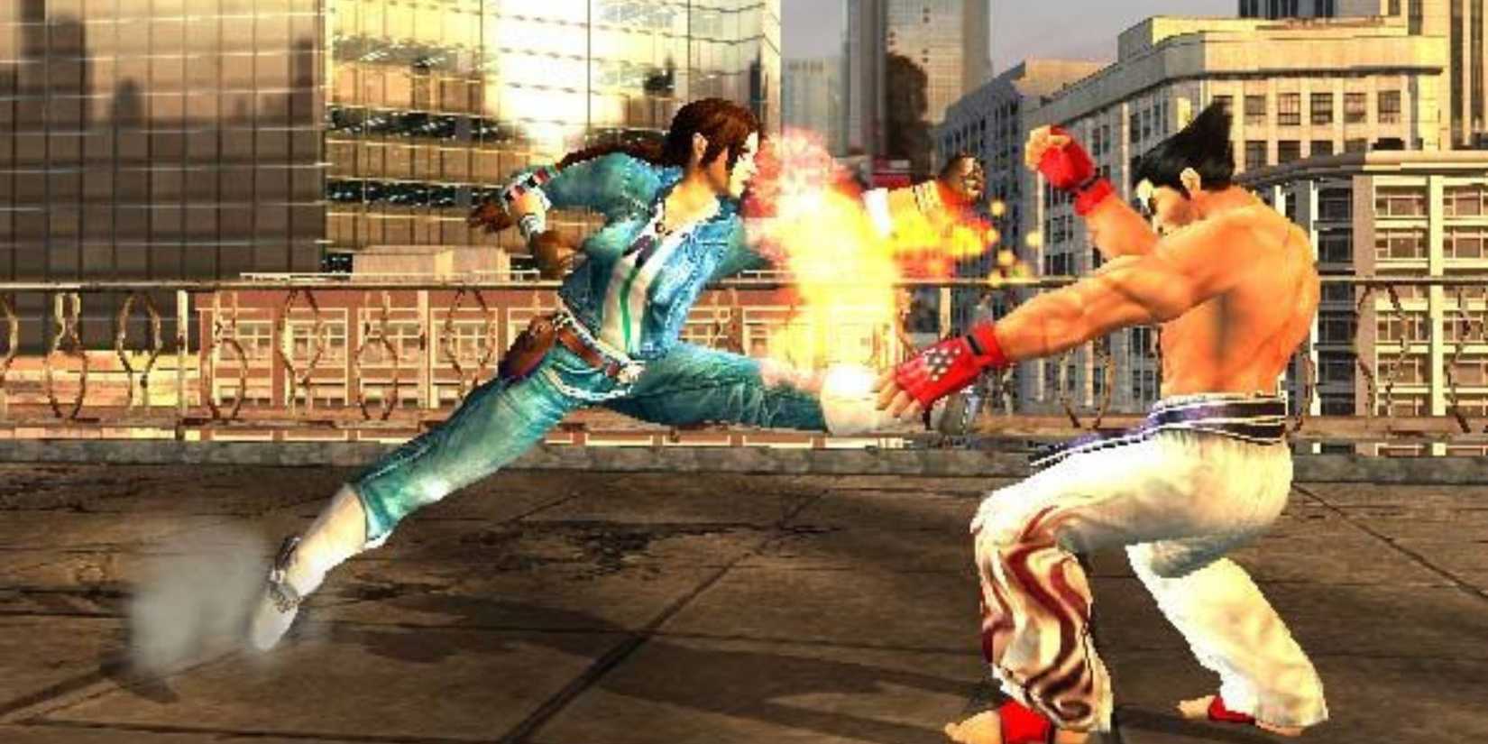 Tekken 5 has Jin with his red gloves getting punched by a woman in all denam in a city environment that may be taking place on a roof with railings-1