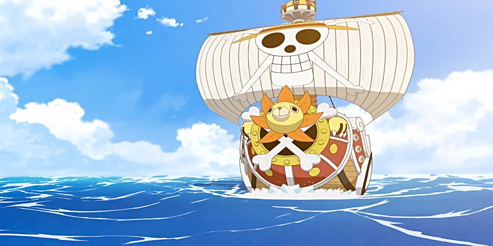Thousand Sunny from One Piece sailing on bright, cloudy day