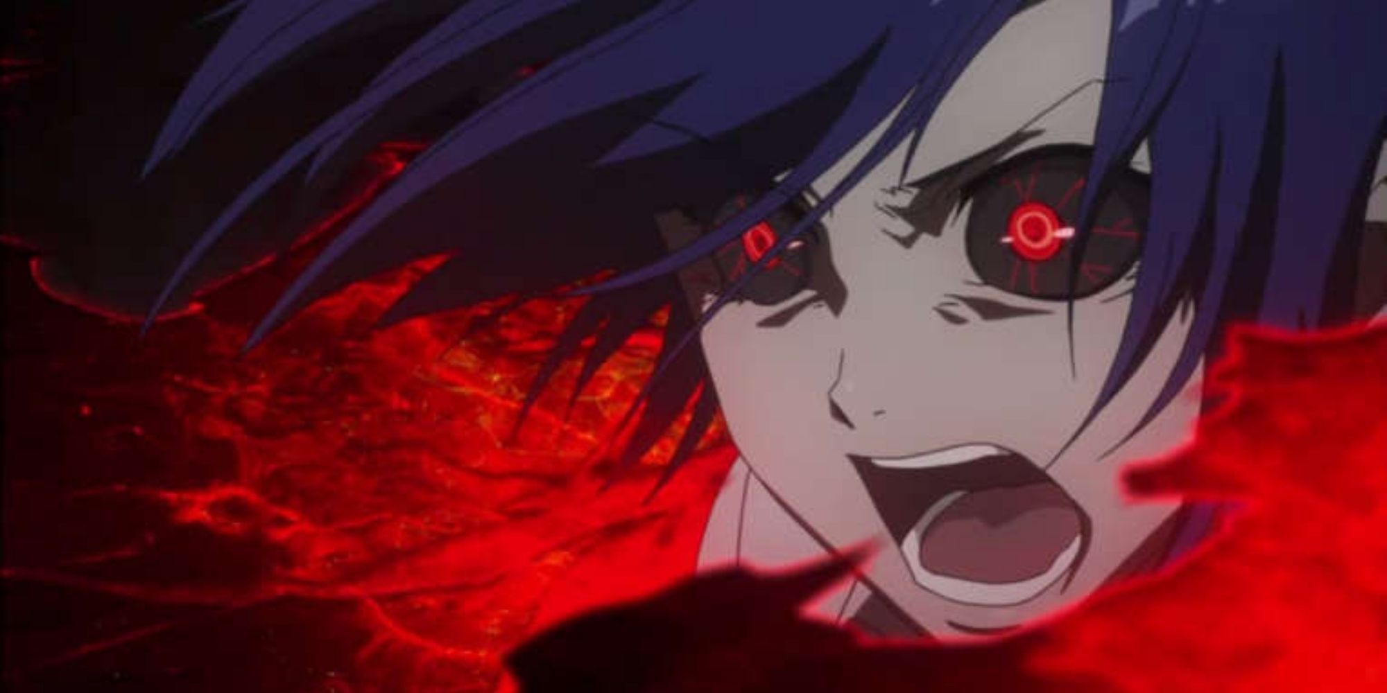 Touka Kirishima, in ghoul form, with black eyes and red pupils in Tokyo Ghoul.
