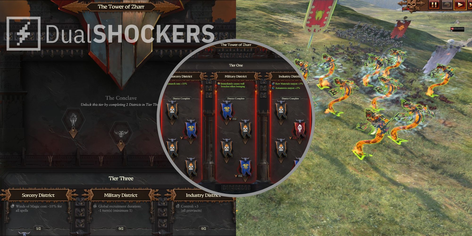 Total War: Warhammer 3 split image: menu screens and combat screenshot