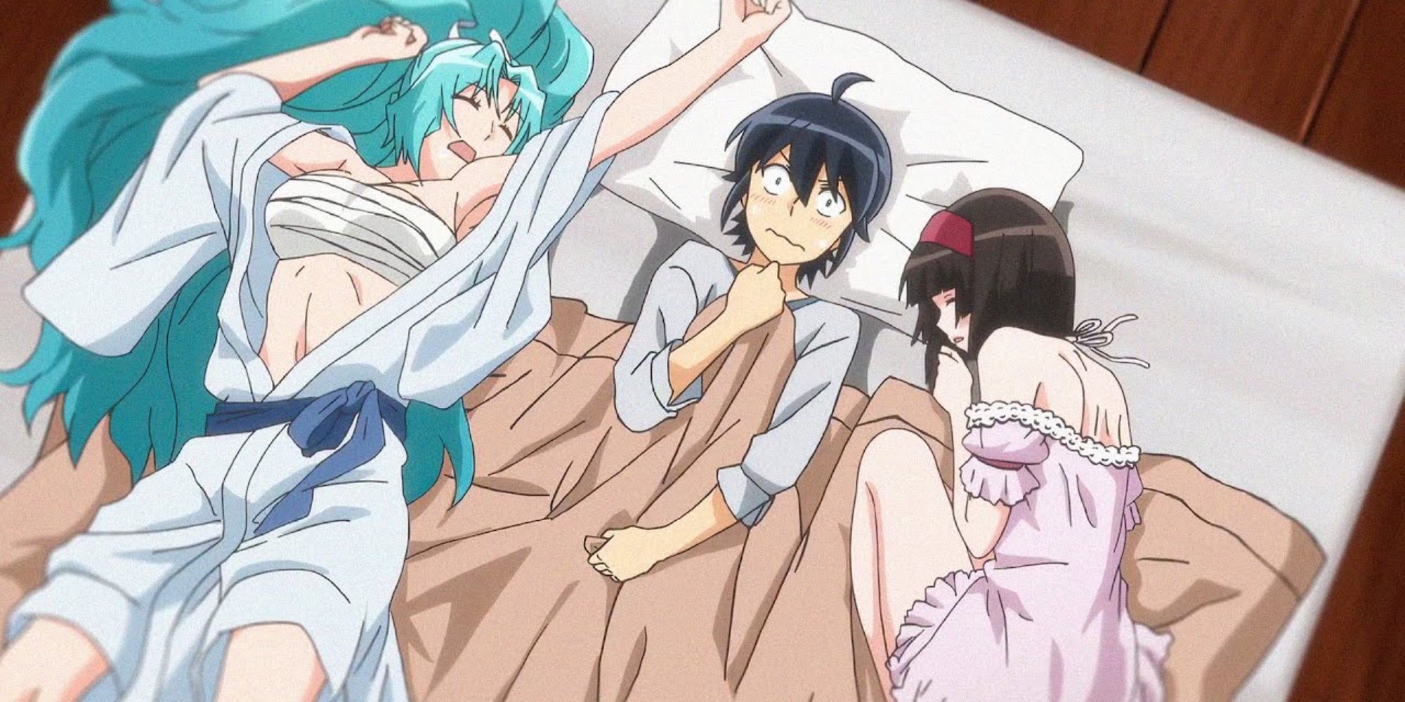 Tsukimichi Moonlit Fantasy: teenage boy unable to sleep next to two women