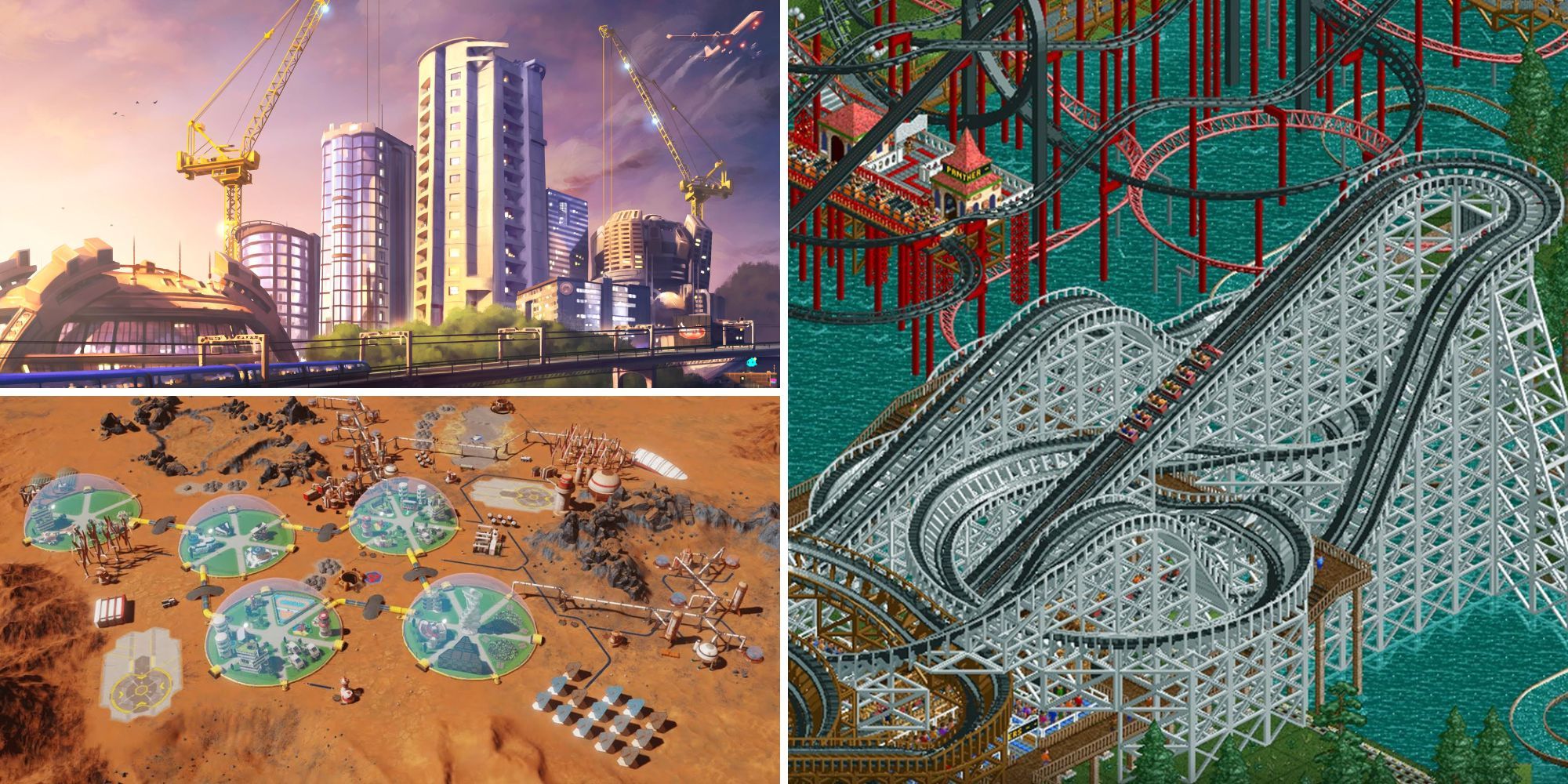 Collage of the best tycoon games (Cities: Skylines, Surviving Mars, Rollercoaster Tycoon Classic)