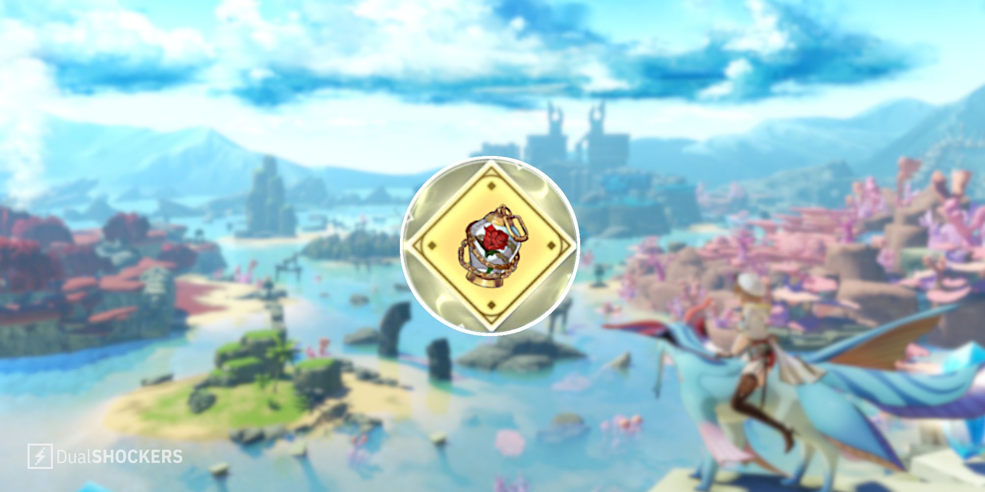 Split image of the environment in the background of Atelier Ryza 3 and an image of the Astro Rose in the foreground from Atelier Ryza 3.