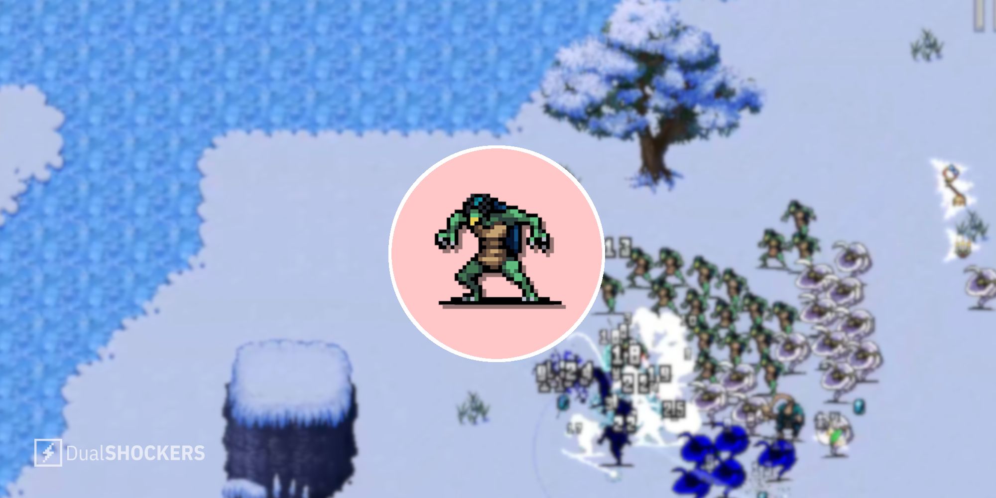 Split image of gameplay in the background and a Kappa enemy in the foreground from Vampire Survivors.