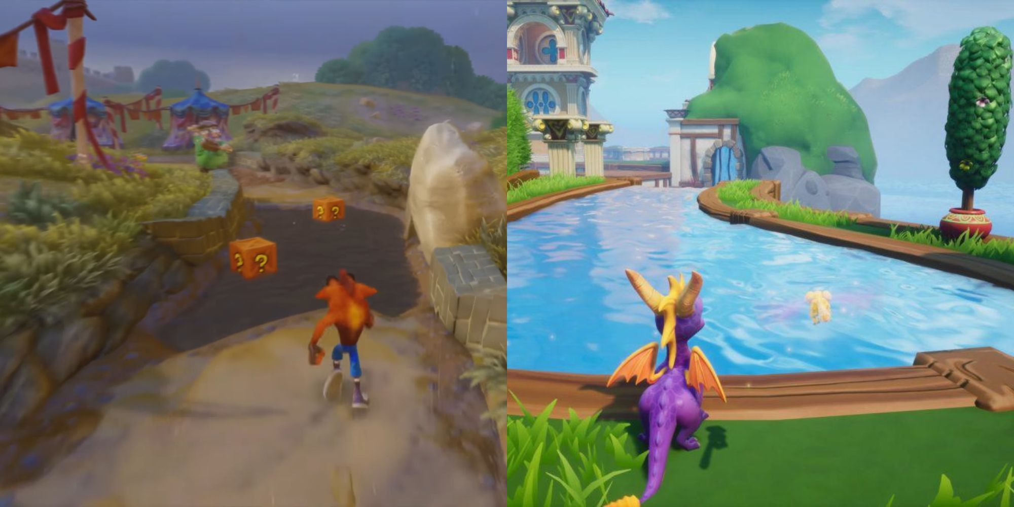 Crash Bandicoot runs up a path with water and 2 boxes in a medieval looking level, split over to Spyro The Dragon overlooking a large body of water and potted tree from a level featuring goat people. Both from the remakes