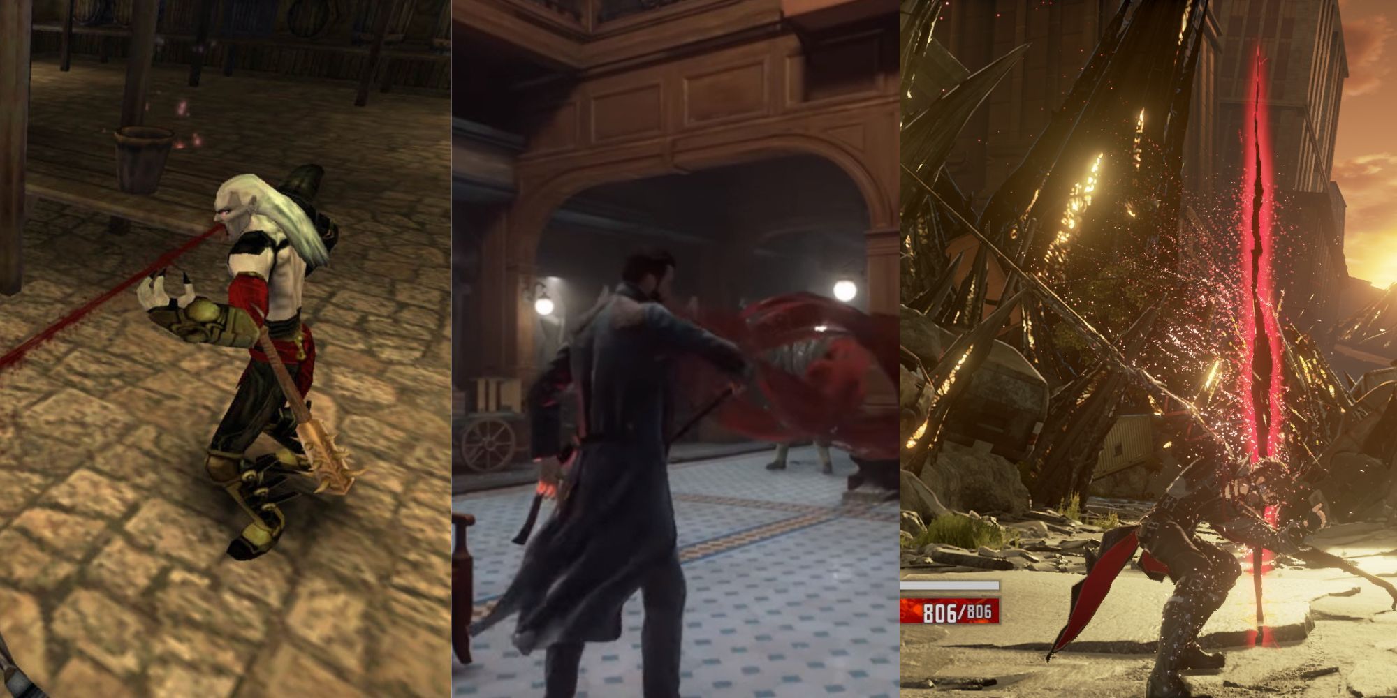 Kain drinking a stream of blood with his hand up, Main character of Vampyr uses blood as a weapon, Main character in code vein uses their sword in front of a rift of a destroyed city.