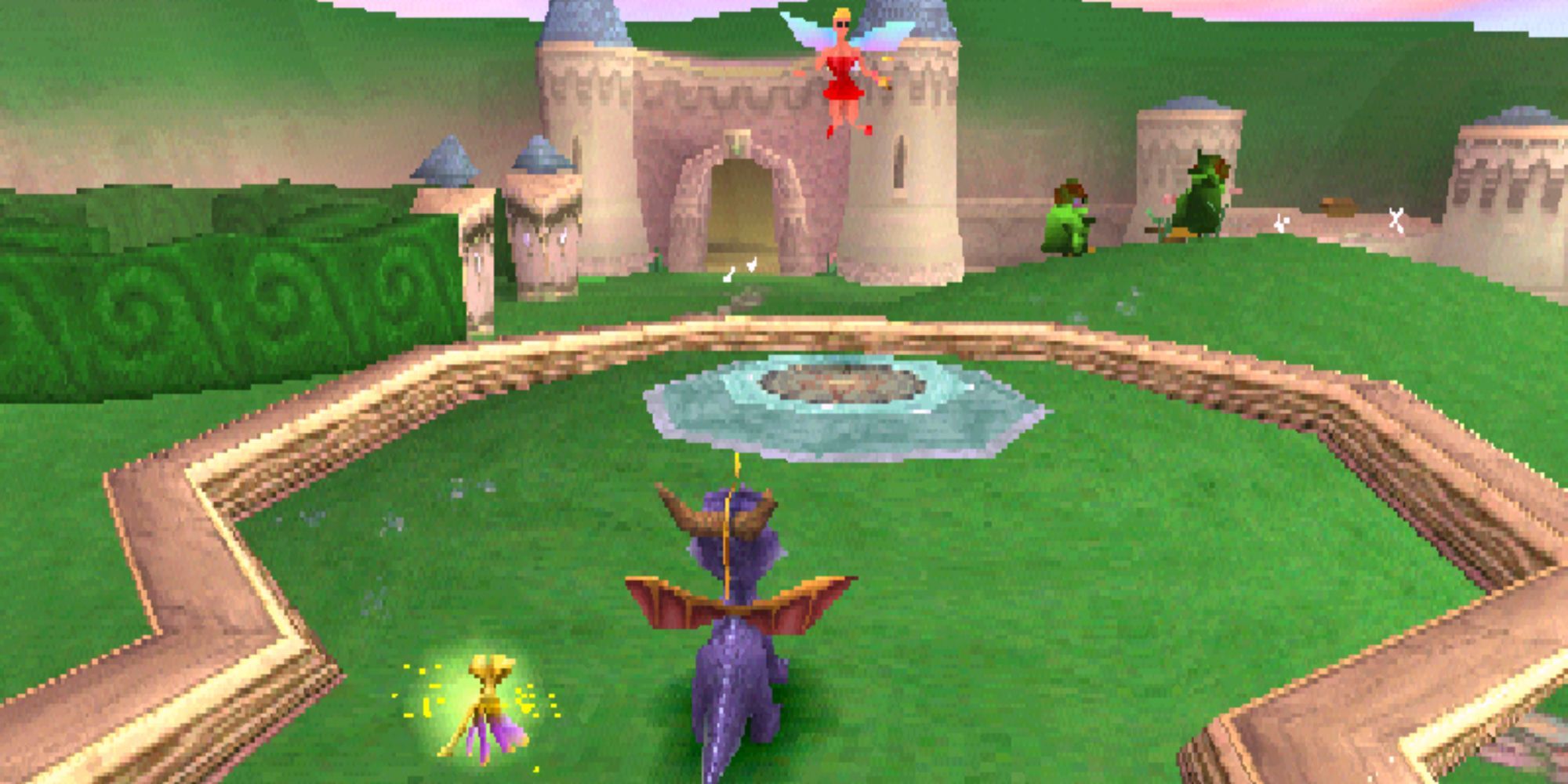 Spyro The Dragon standing in front of a dragon plaform with a fairy over it, Sparx The Dragon Fly next to him and 2 gnorks in the distance.