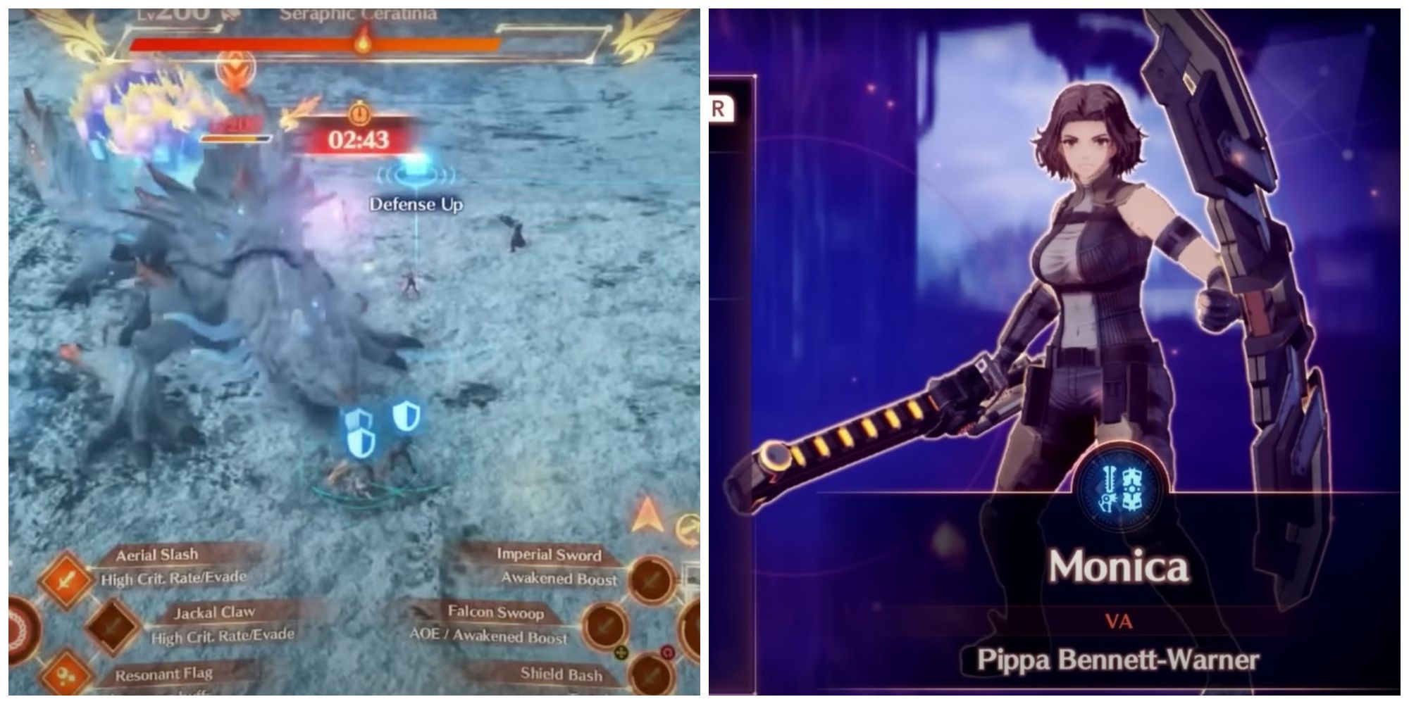 Xenoblade Chronicles 3 battle screenshot and Defender Hero Monica splash screen