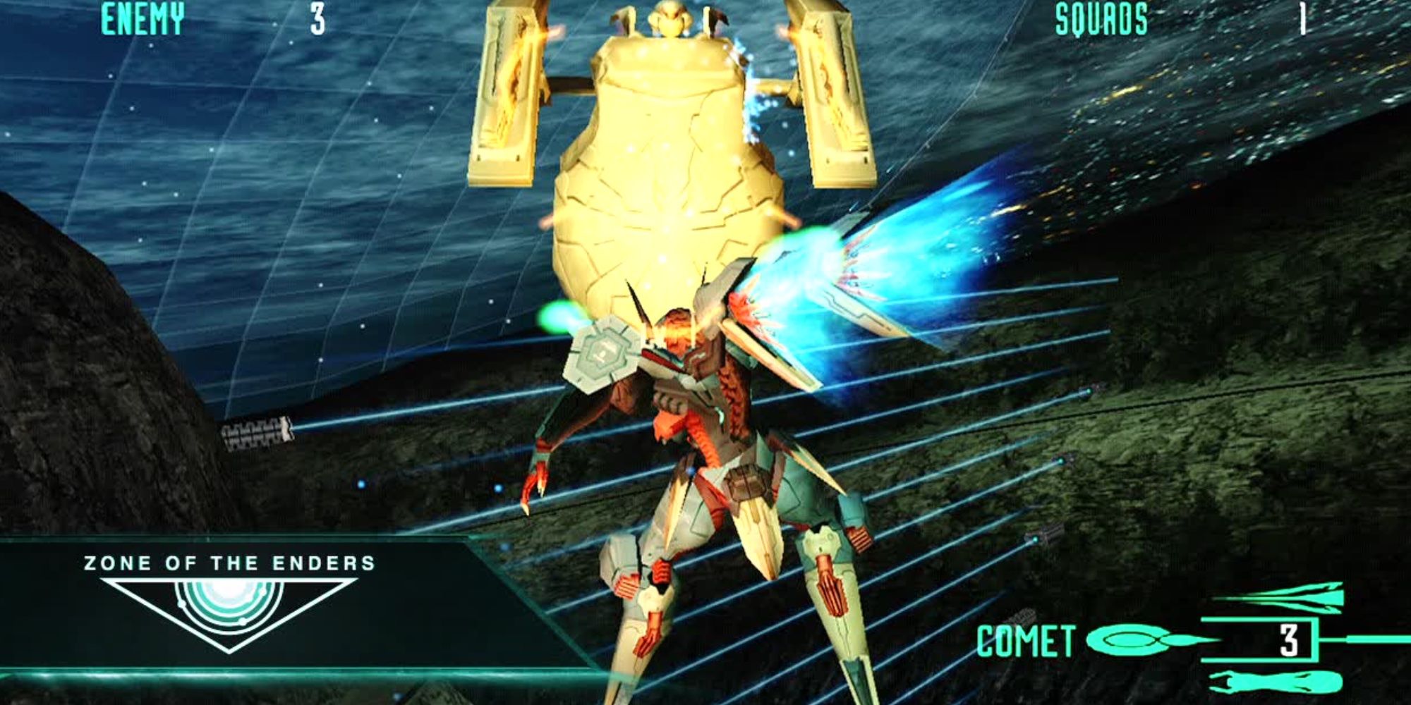 Zone of the Enders HD Collection: Screenshot from gameplay, showing Mecha flying