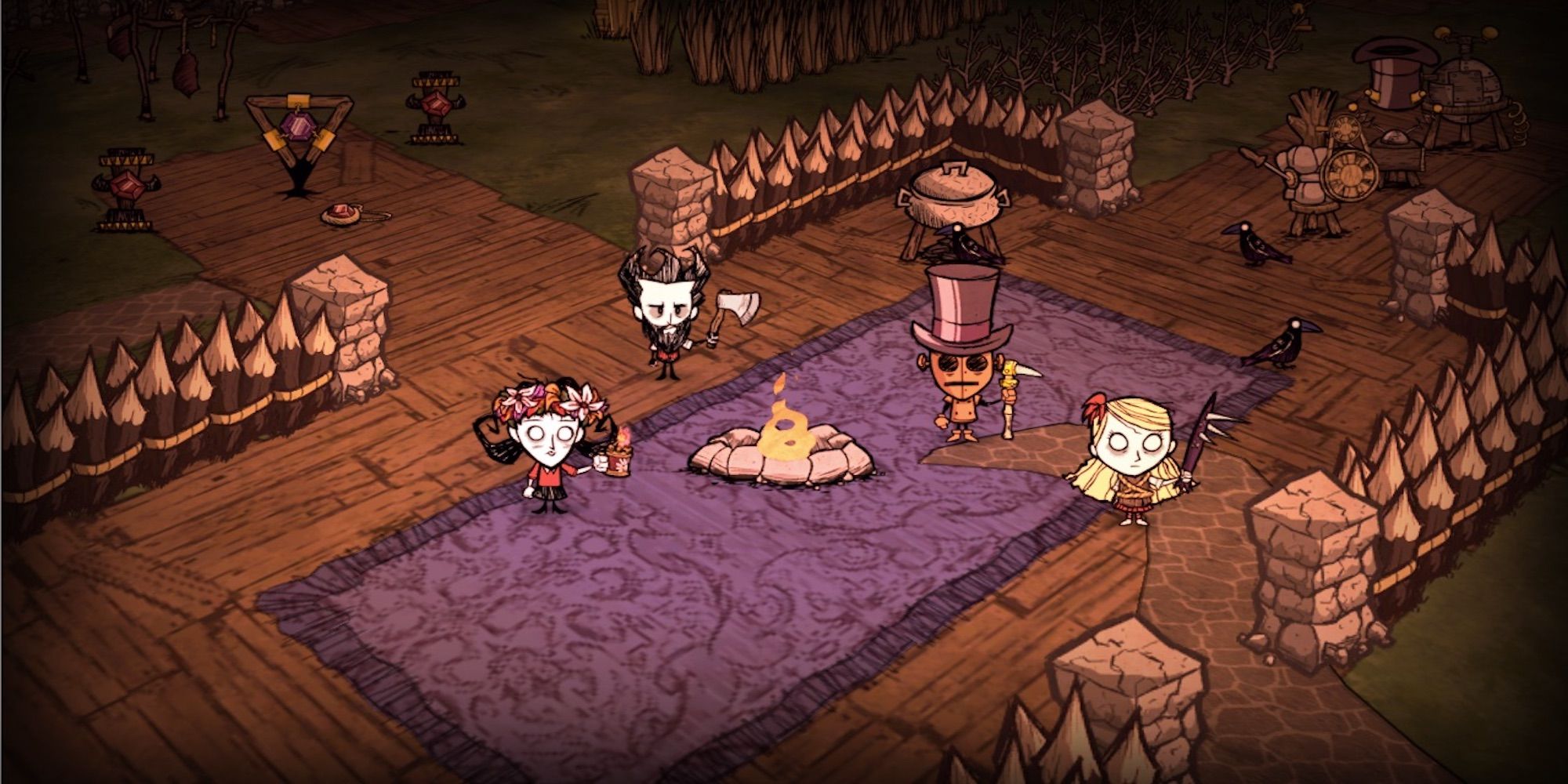 Players gathered around in a base in Don't Starve Together