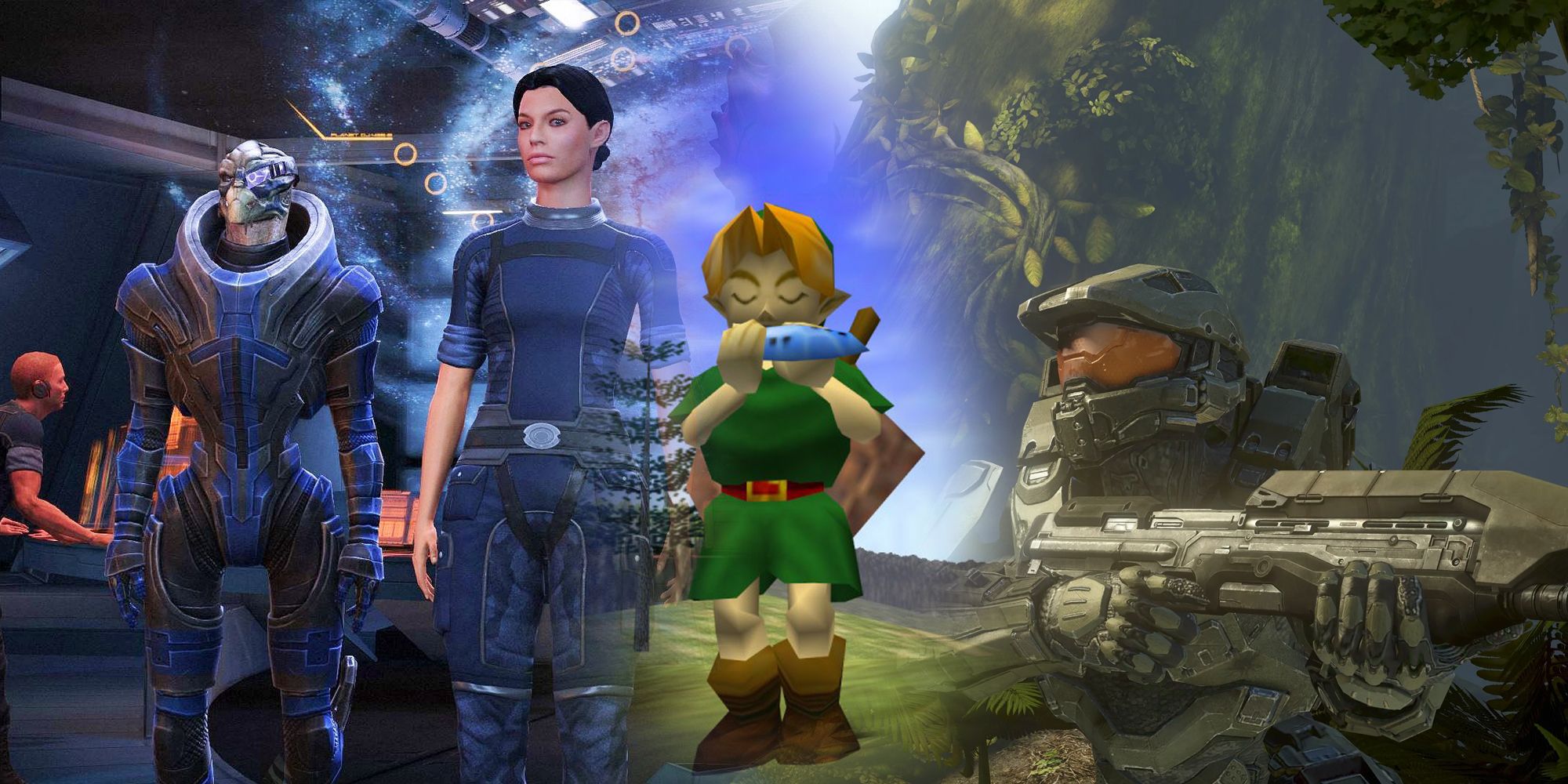 Split image Mass Effect, The Legend of Zelda: Ocarina of Time, Halo 4 gameplay