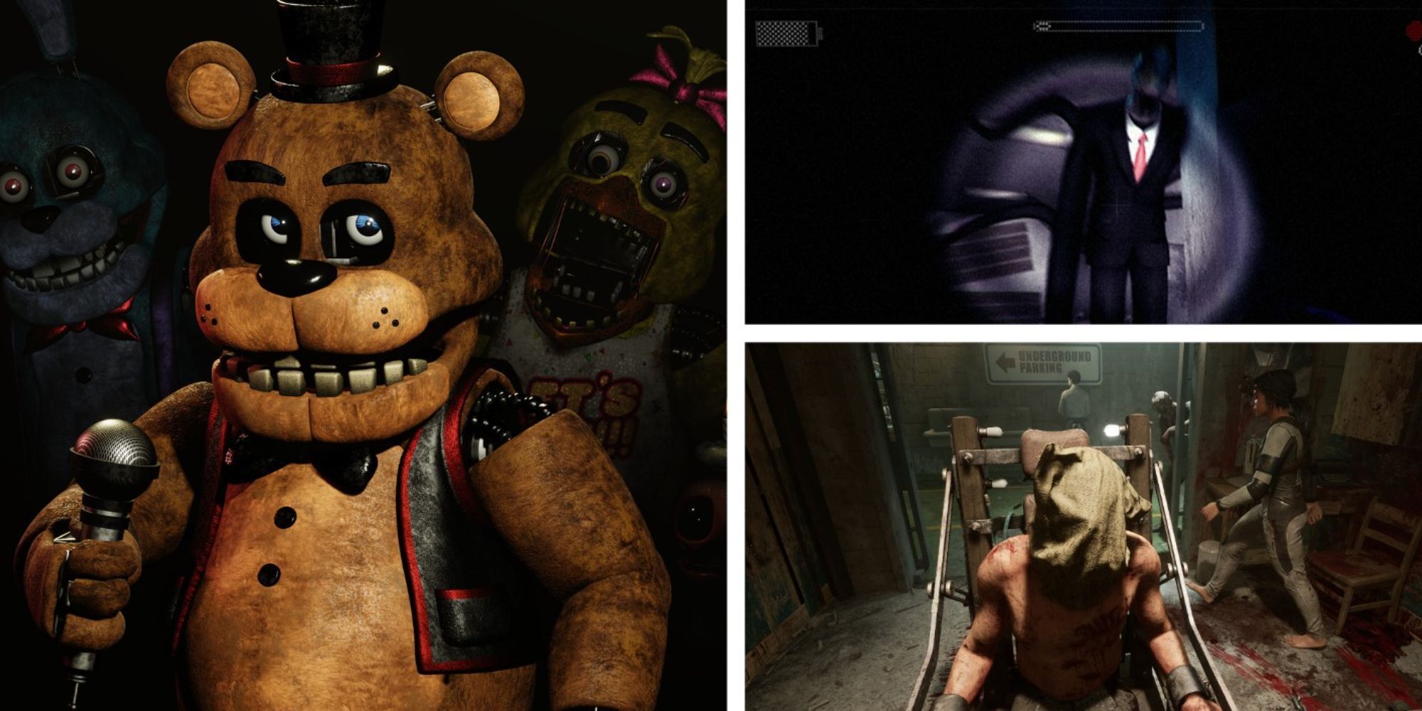 Split image Freddy Fazbear smiling, Slenderman leaning in and person with sack over head