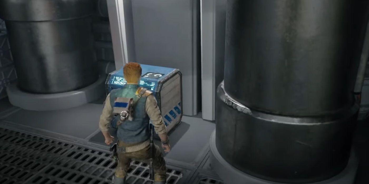 The Star Wars Jedi: Survivor character found a chest in Hangar Bay next to 2 pillars.