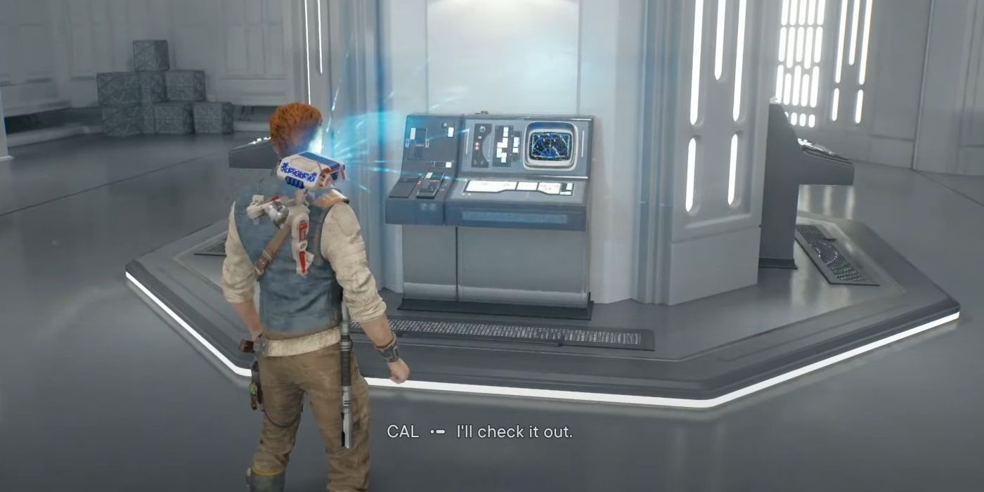 The Star Wars Jedi: Survivor character has BD-1 scanning for a databank on this small control panel in the middle of the room against a pillar in Hangar Bay.